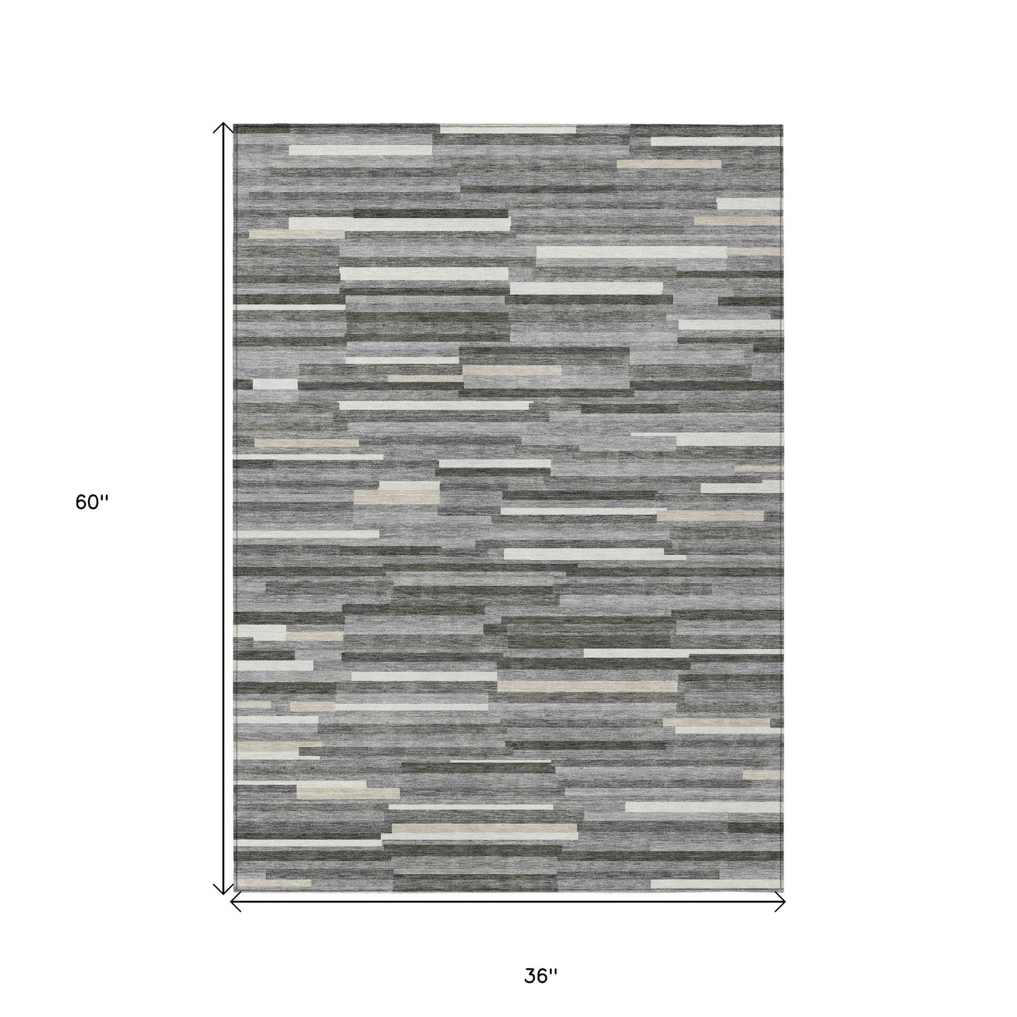 3' X 5' Gray And Ivory Striped Washable Indoor Outdoor Area Rug - Sports & Outdoor