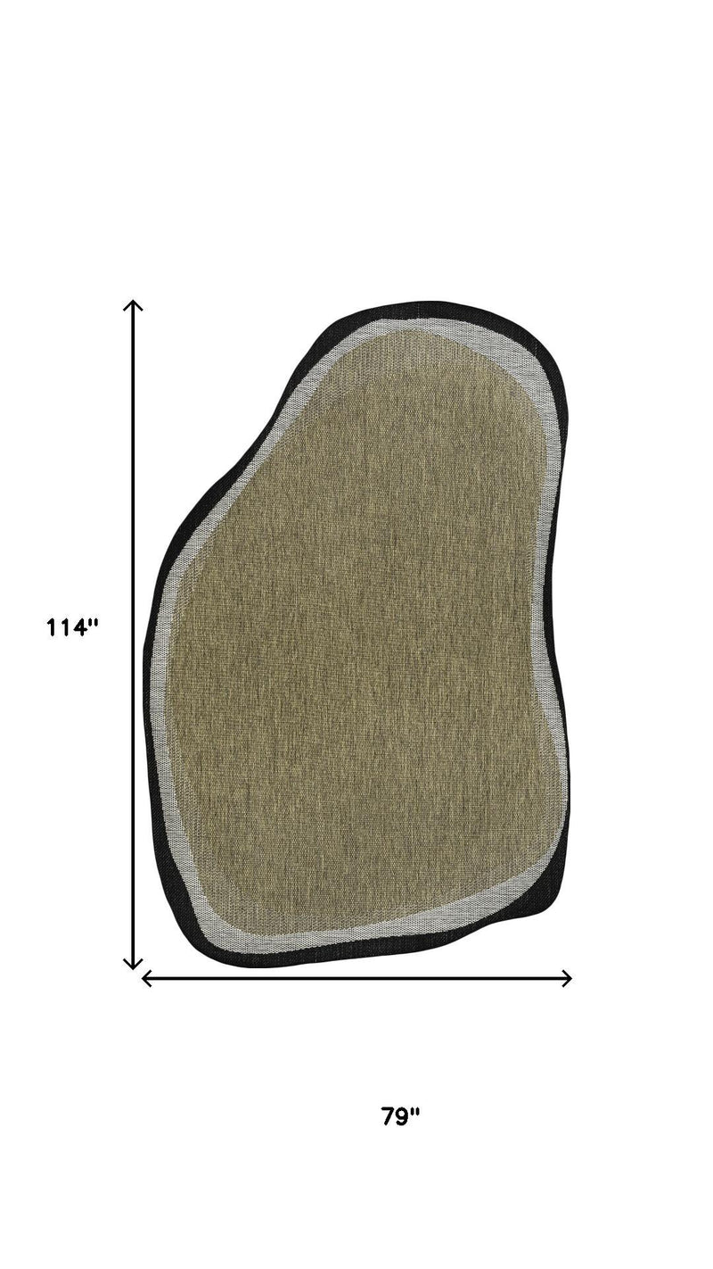Abstract area rug with rounded oval shape, olive center, gray border, black outline