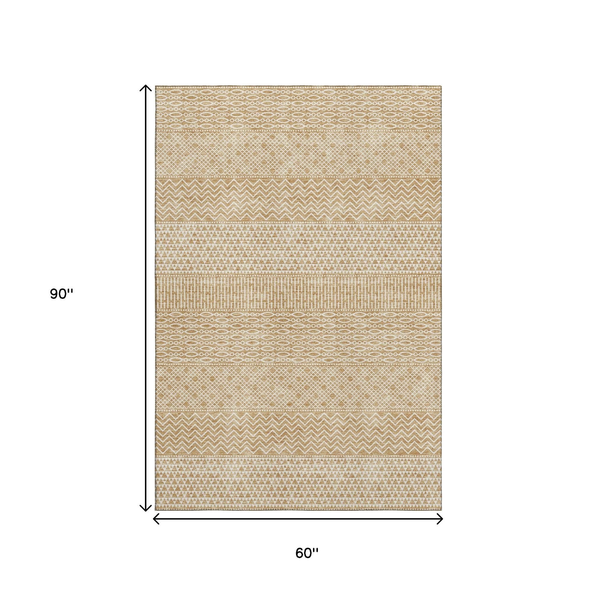 5' X 8' Gold And Ivory Striped Washable Area Rug With UV Protection - Home & Garden