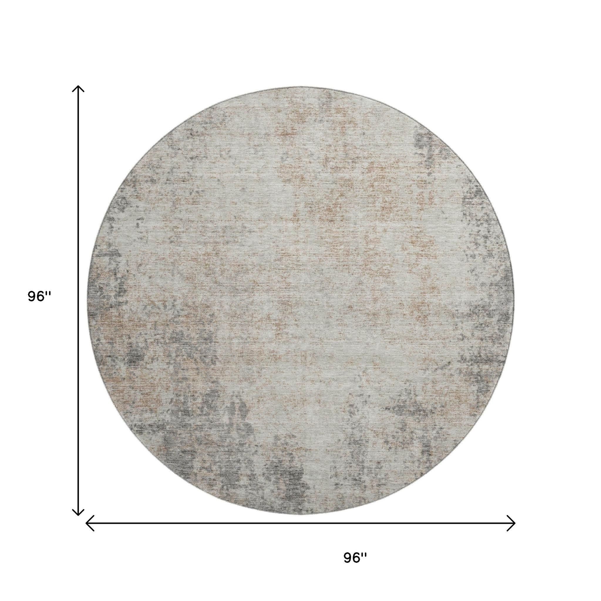 8' Taupe And Ivory Abstract Washable Round Rug With UV Protection - Home & Garden