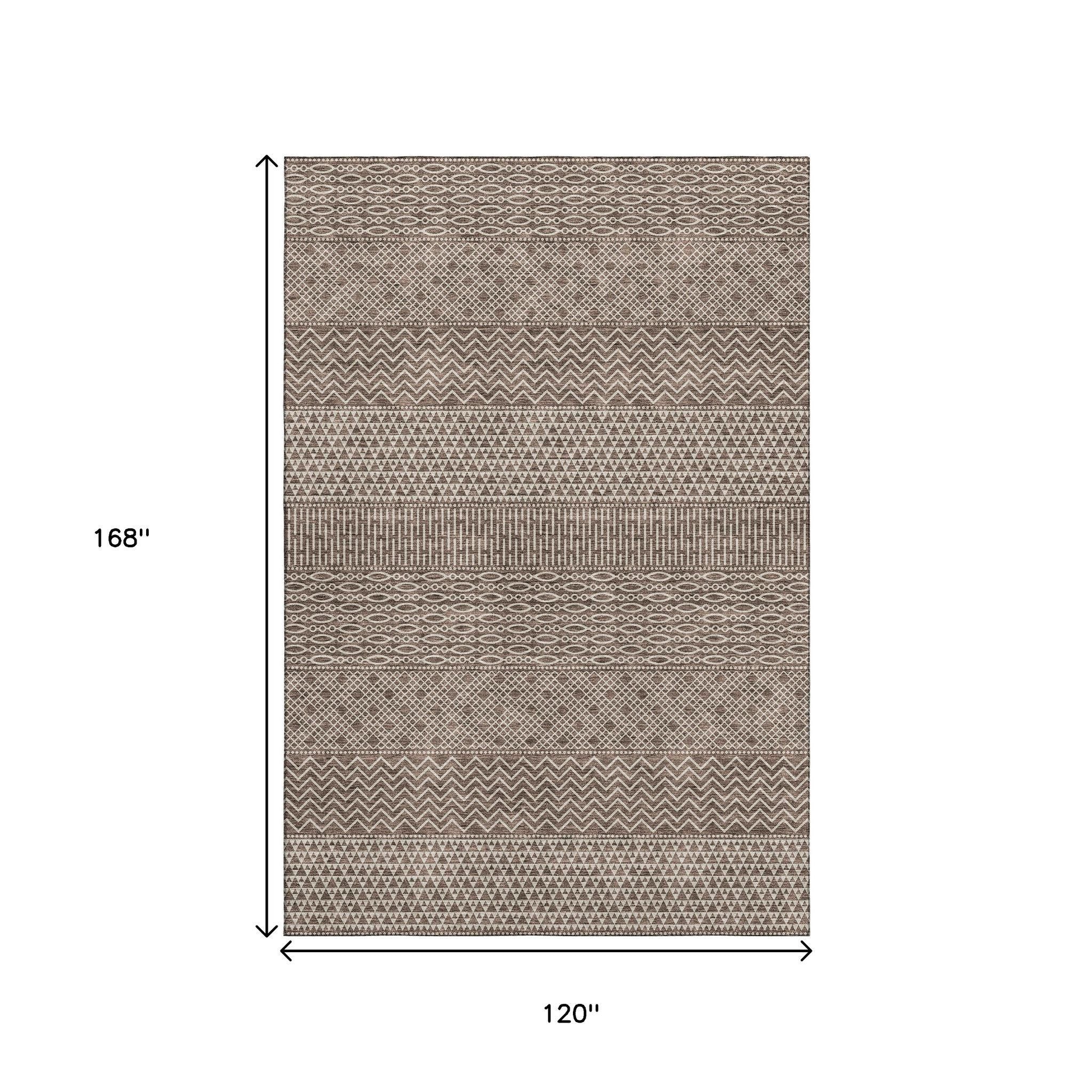 10' X 14' Brown And Beige Striped Washable Area Rug With UV Protection - Home & Garden