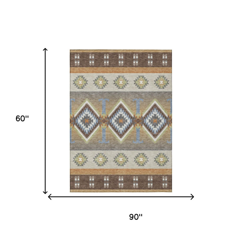 Southwestern area rug, rectangular size 90 in by 60 in, geometric stripe and diamond design