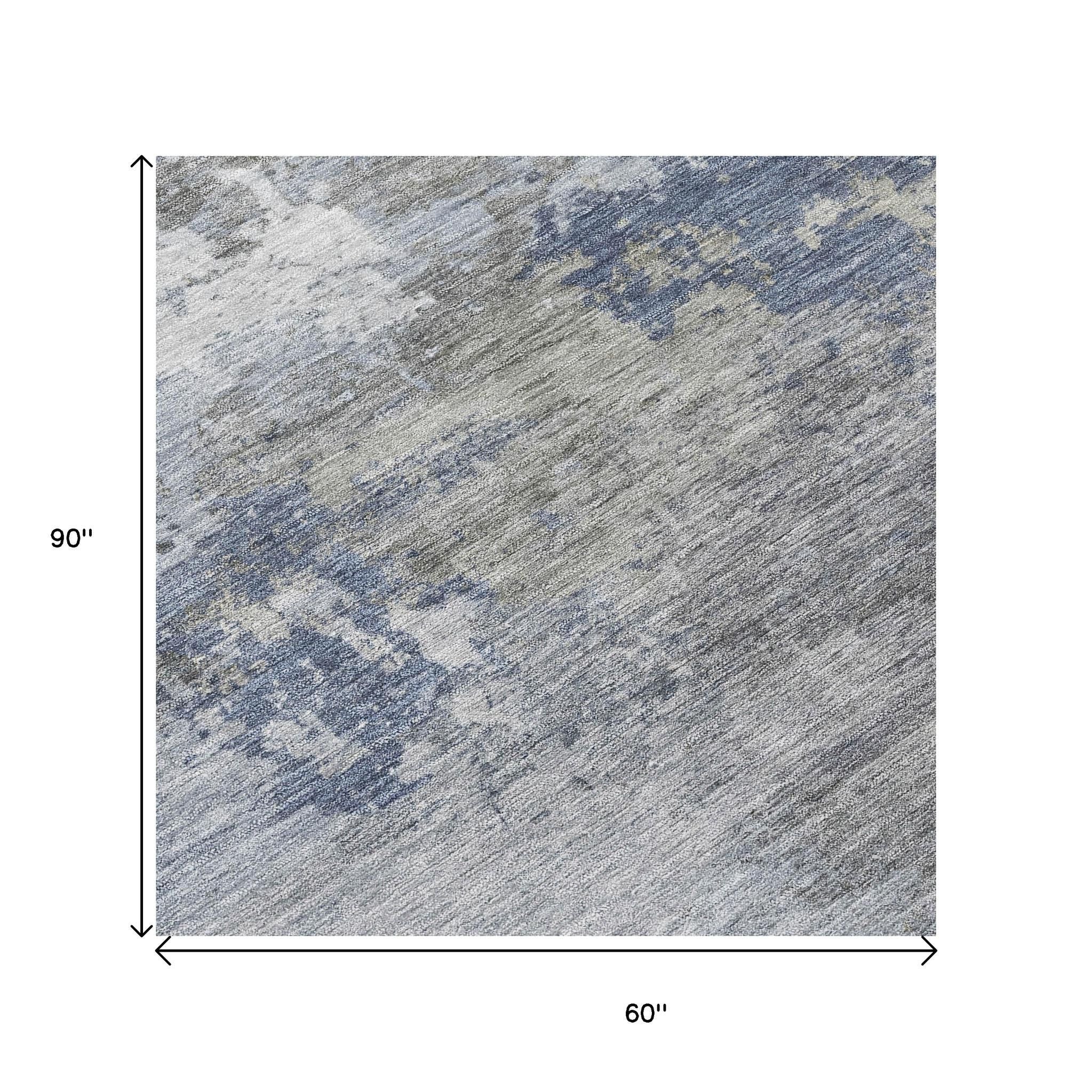 5' X 8' Denim Blue And Ivory Abstract Washable Indoor Outdoor Area Rug - Sports & Outdoor