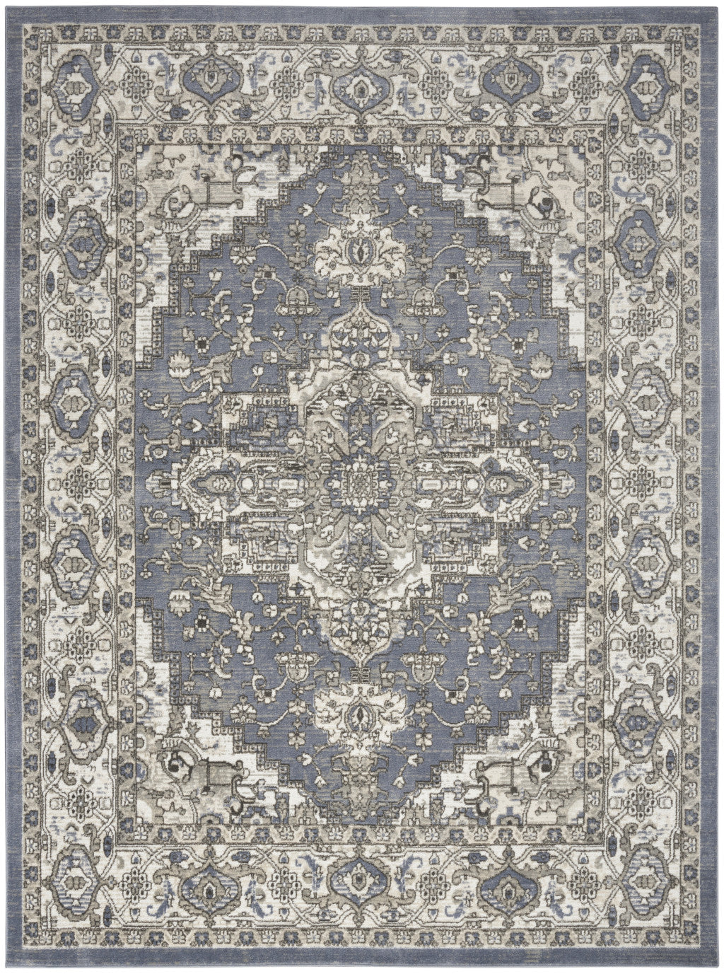 5' X 7' Blue and Ivory Medallion Power Loom Distressed Area Rug - Home & Garden