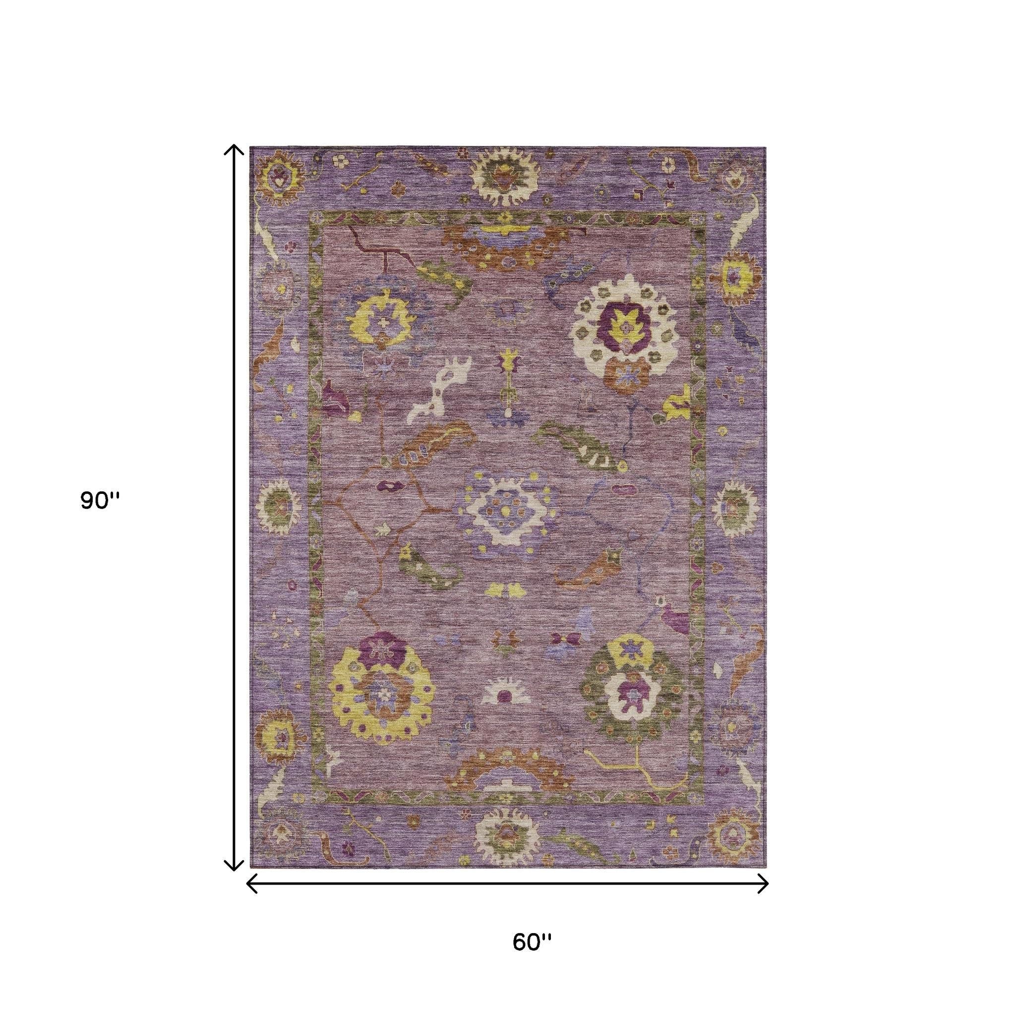 5' X 8' Merlot Plum And Gold Floral Medallion Washable Indoor Outdoor Area Rug - Sports & Outdoor