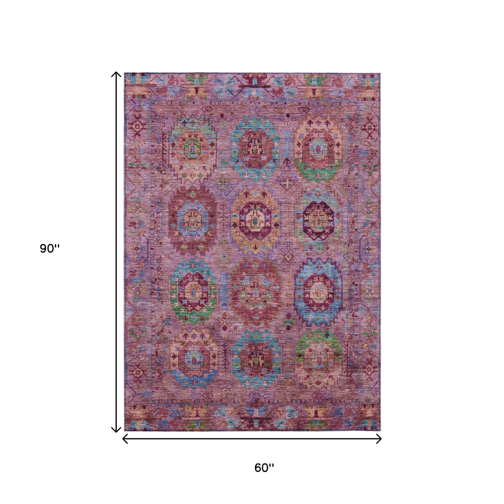 5' X 8' Pink Green And Mauve Medallion Washable Indoor Outdoor Area Rug - Sports & Outdoor