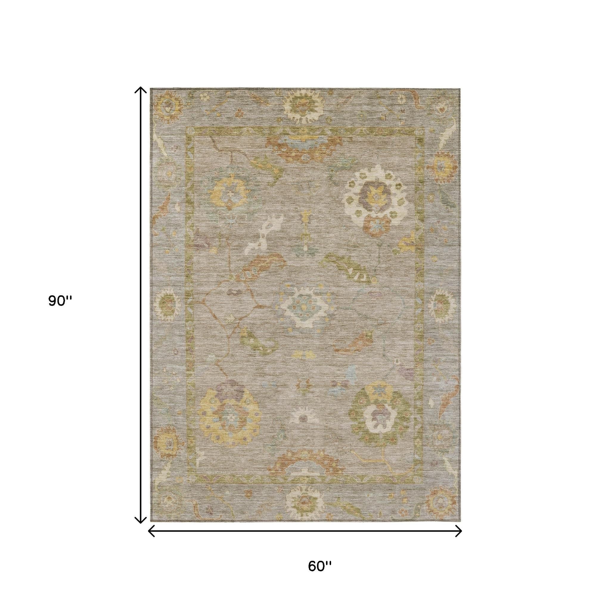 5' X 8' Khaki And Gold Floral Medallion Washable Indoor Outdoor Area Rug - Sports & Outdoor