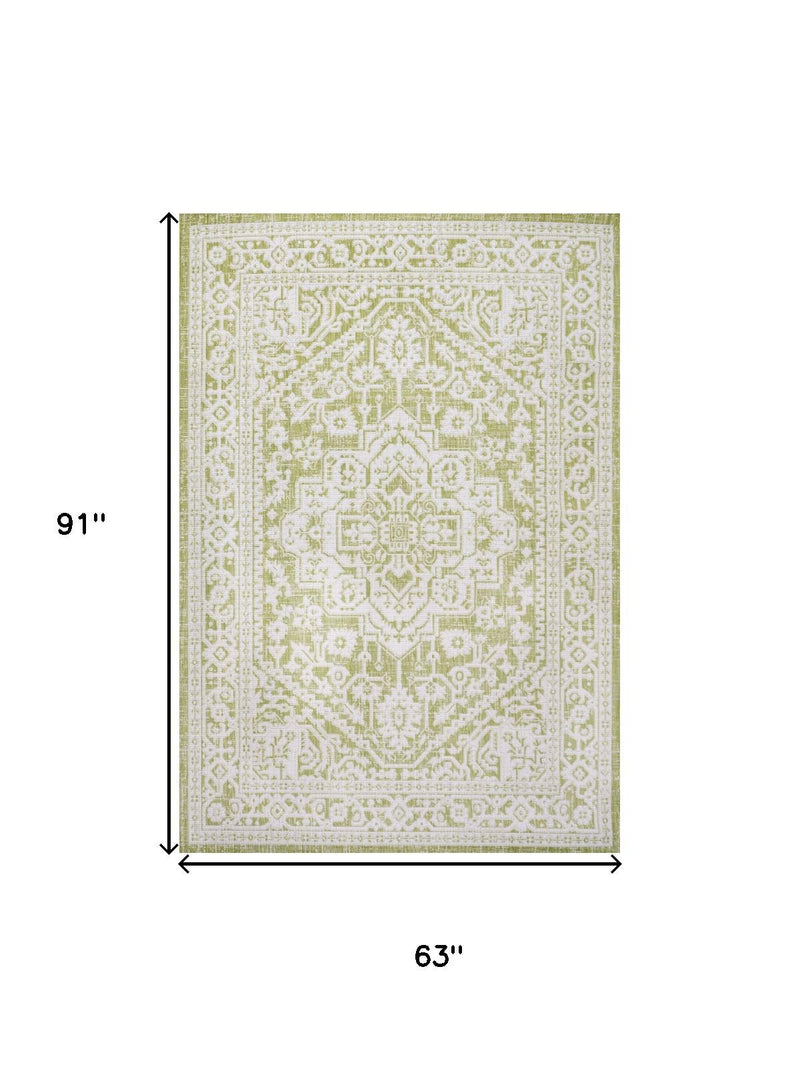 5x8 ft green and cream medallion area rug with ornate geometric border