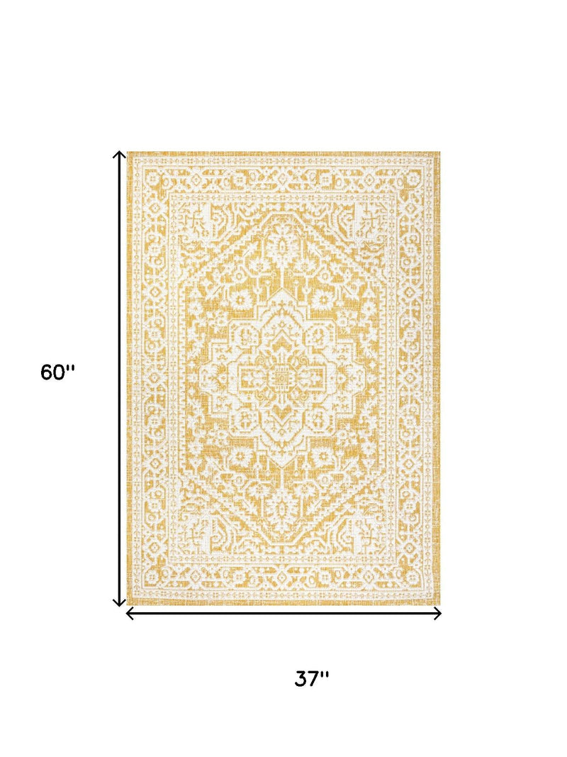 3 x 5 ft yellow and cream medallion area rug, size diagram 37" by 60".