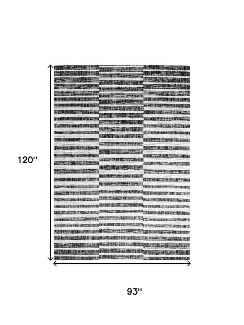 Striped area rug dimensions shown: 93 in by 120 in, black and ivory horizontal stripes.