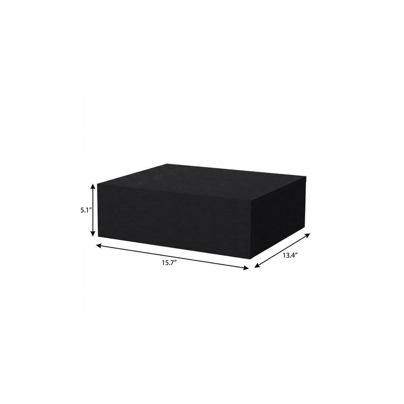 Black floating nightstand with one drawer, dimensions shown: 15.7 in wide