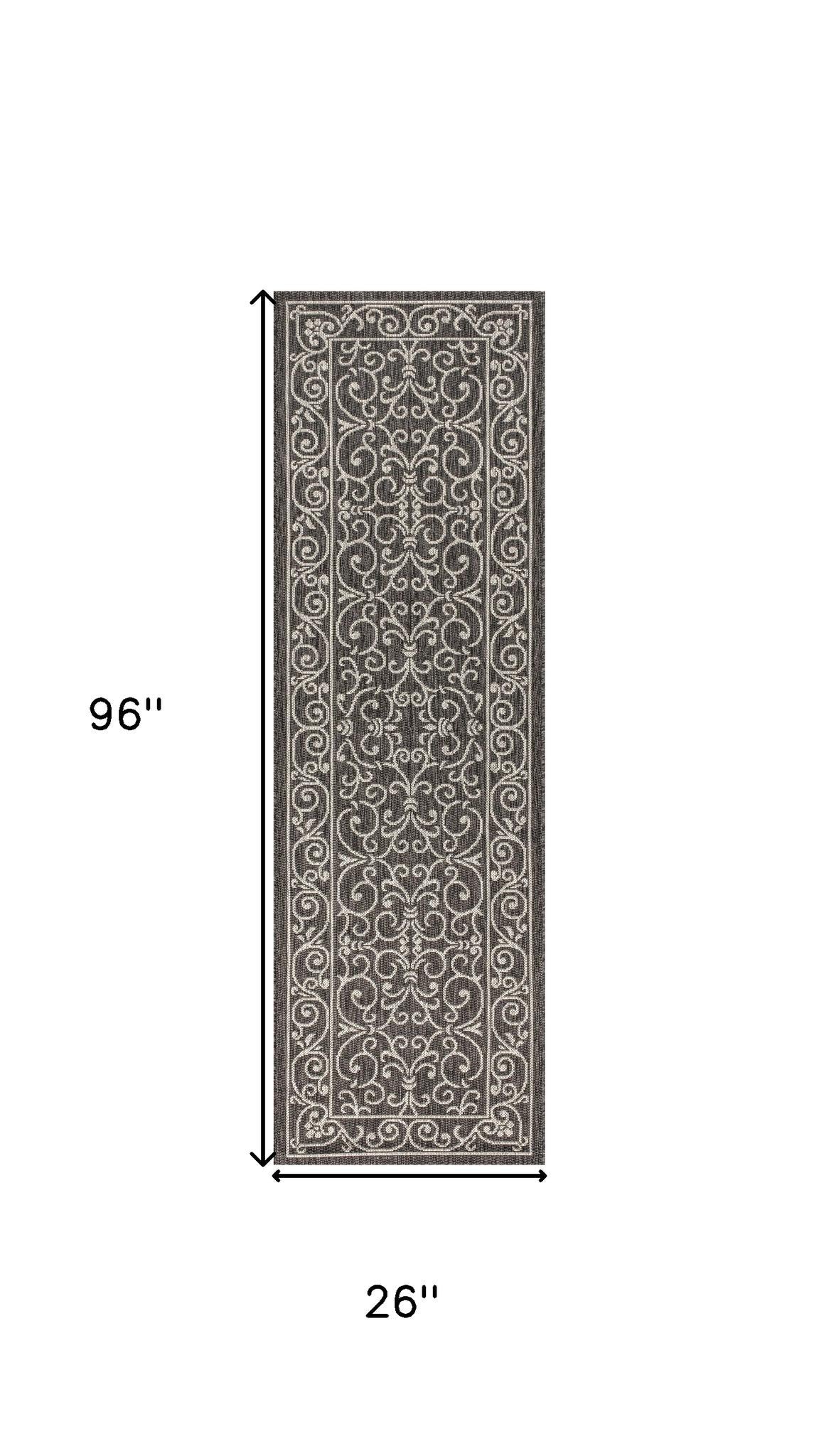 Black and gray runner rug size diagram, 96 in by 26 in rectangle