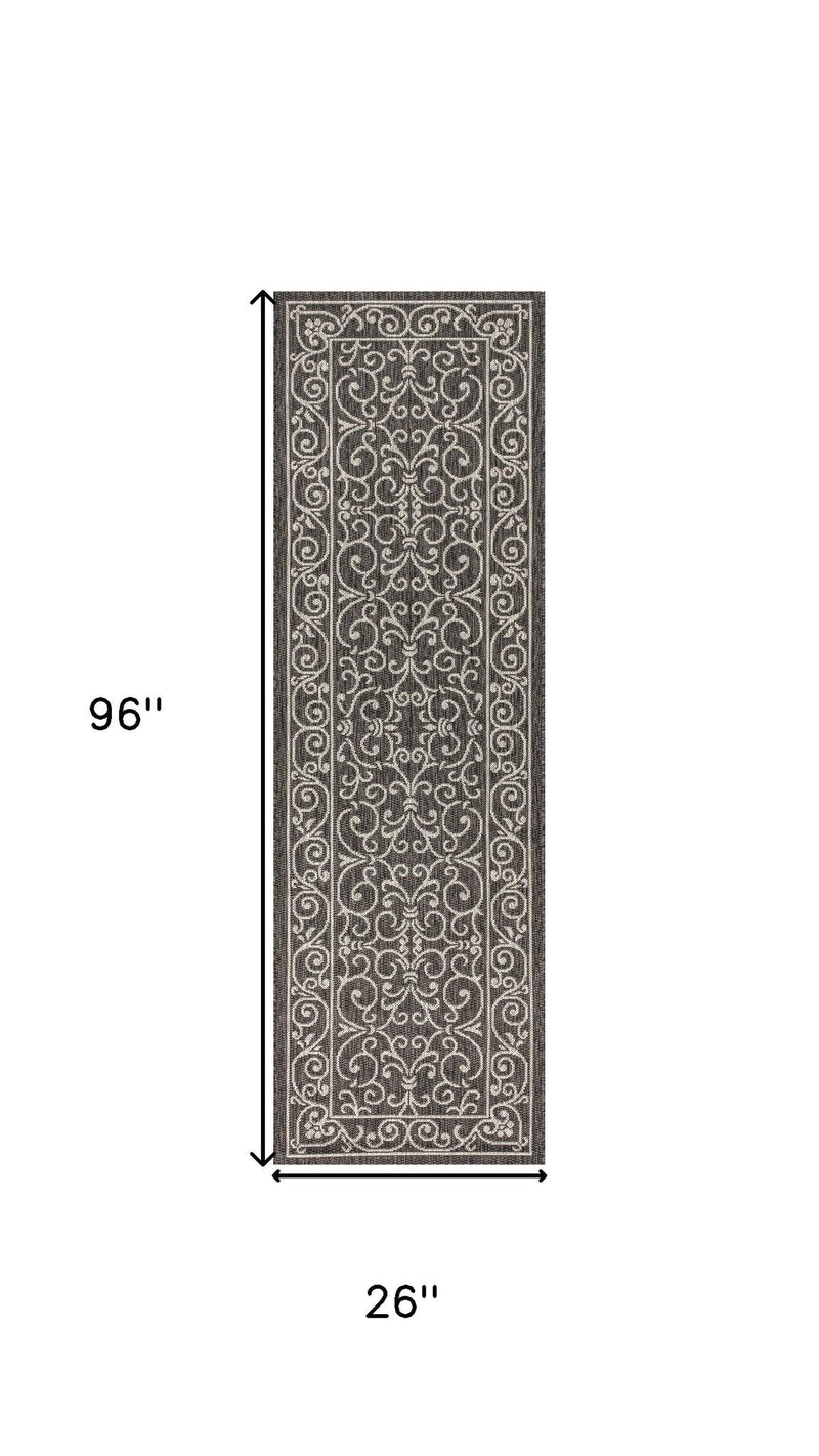 Black and gray runner rug size diagram, 96 in by 26 in rectangle