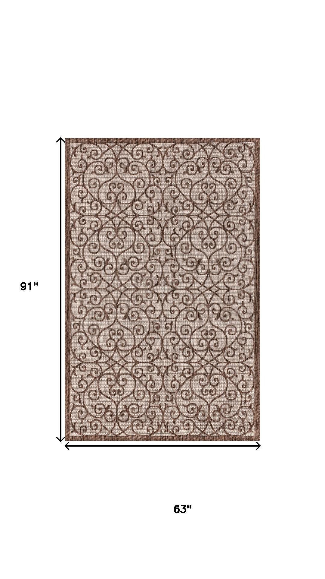 Taupe and espresso geometric rug, 5 ft x 8 ft rectangle, scrolling border pattern