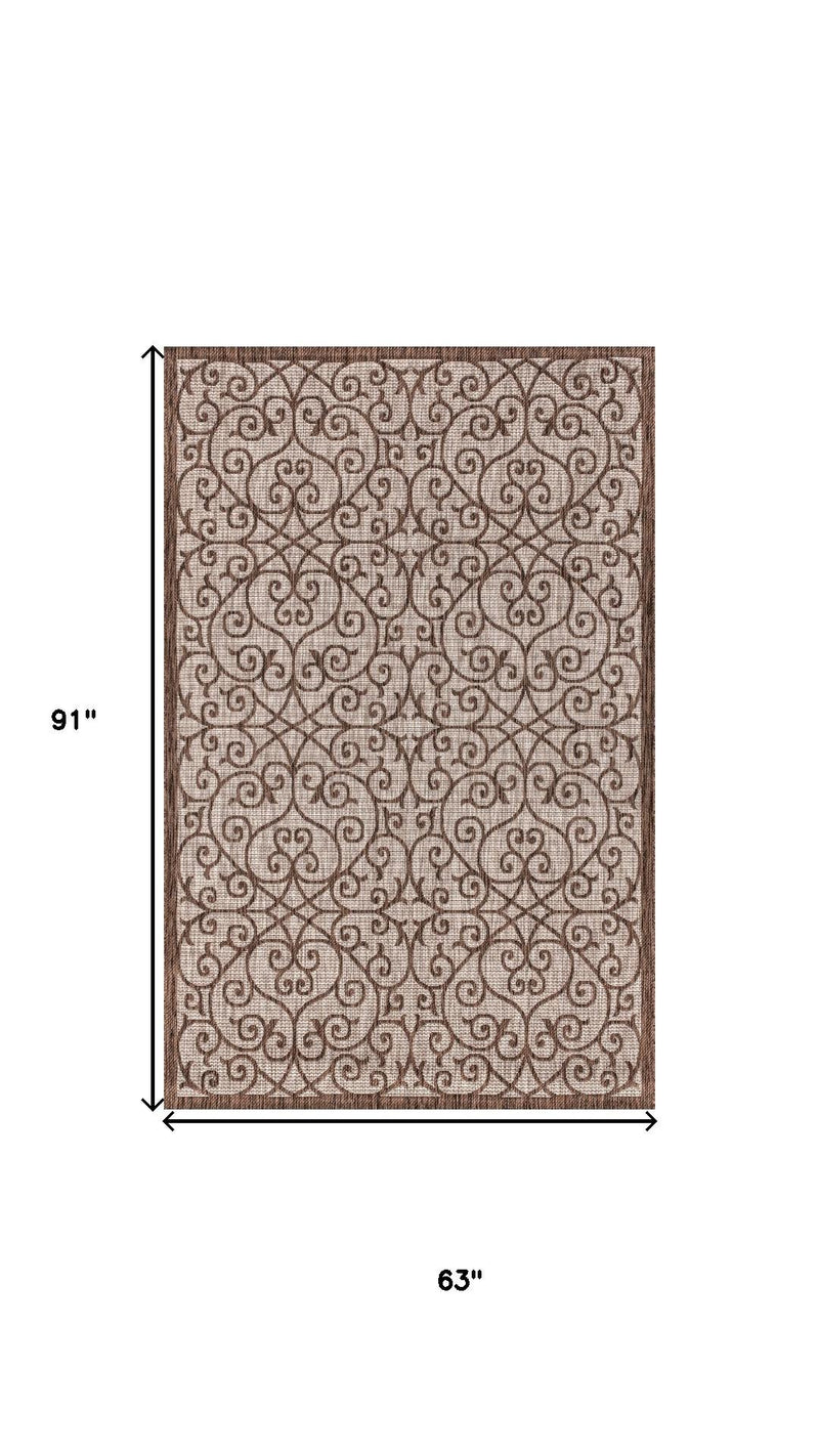 Taupe and espresso geometric rug, 5 ft x 8 ft rectangle, scrolling border pattern