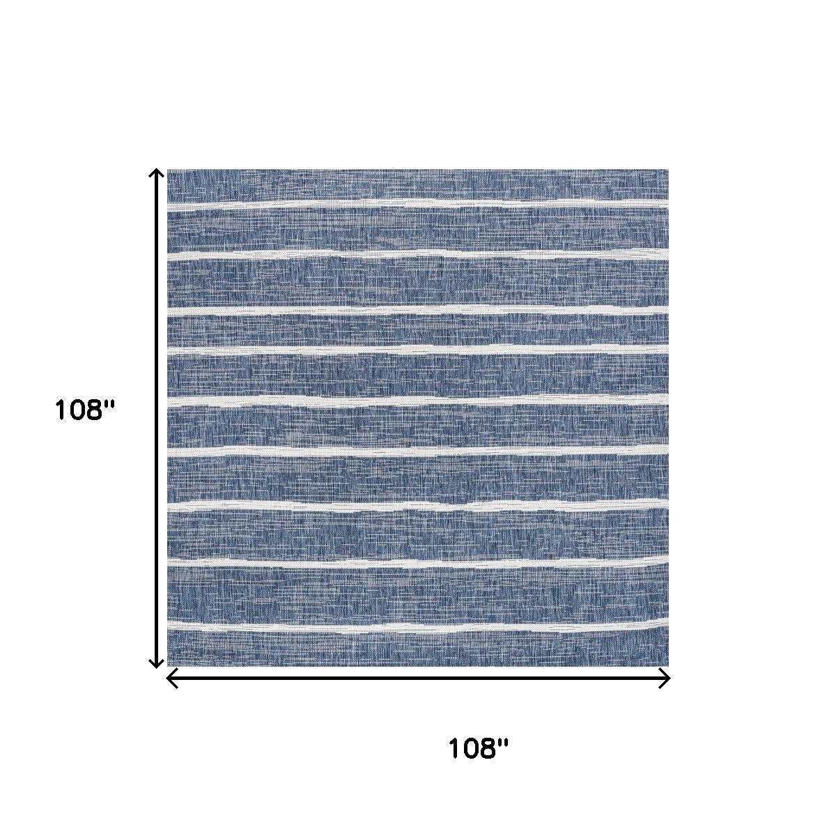 108 in by 108 in blue and ivory striped area rug size diagram