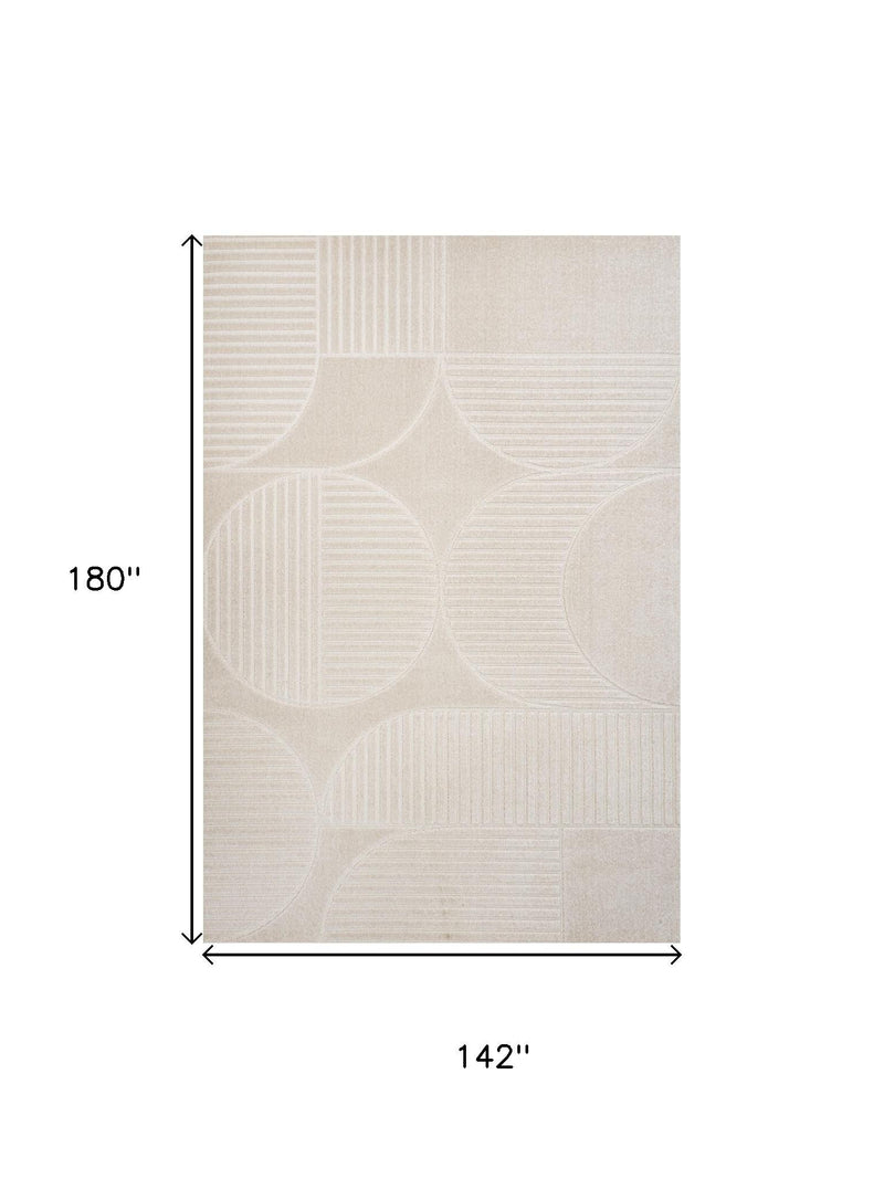 Ivory and cream area rug size 142 x 180 in, geometric circle-and-stripe pattern