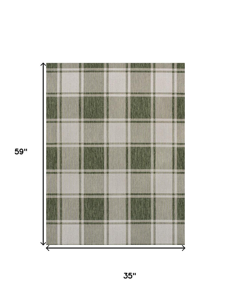 Green and cream gingham area rug, 35 in x 59 in
