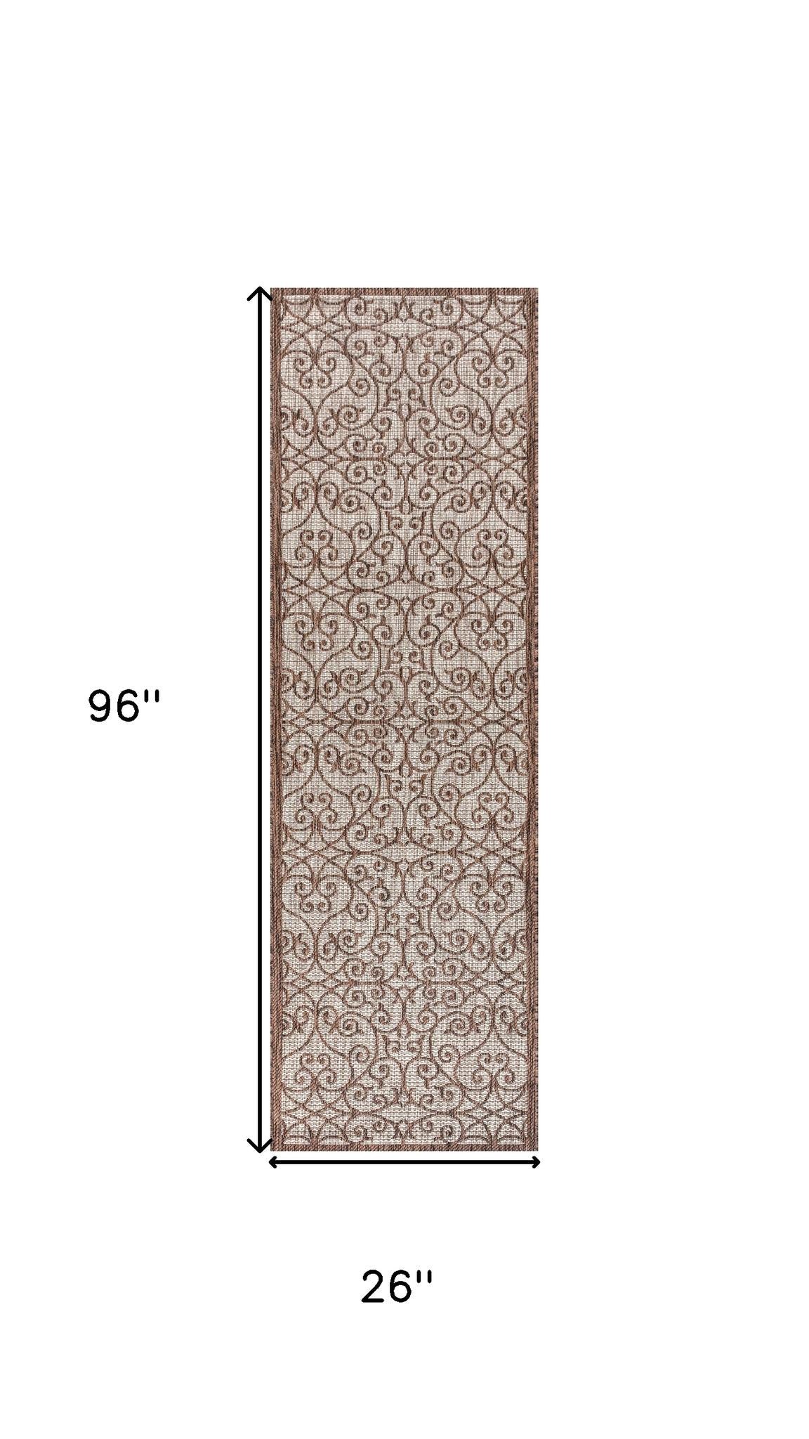 Taupe and espresso geometric runner rug with ornate swirl pattern and border, 26x96 in.