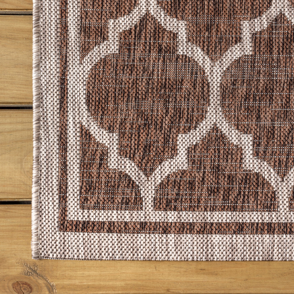 Taupe and espresso geometric runner rug with patterned blocks and flat woven edge