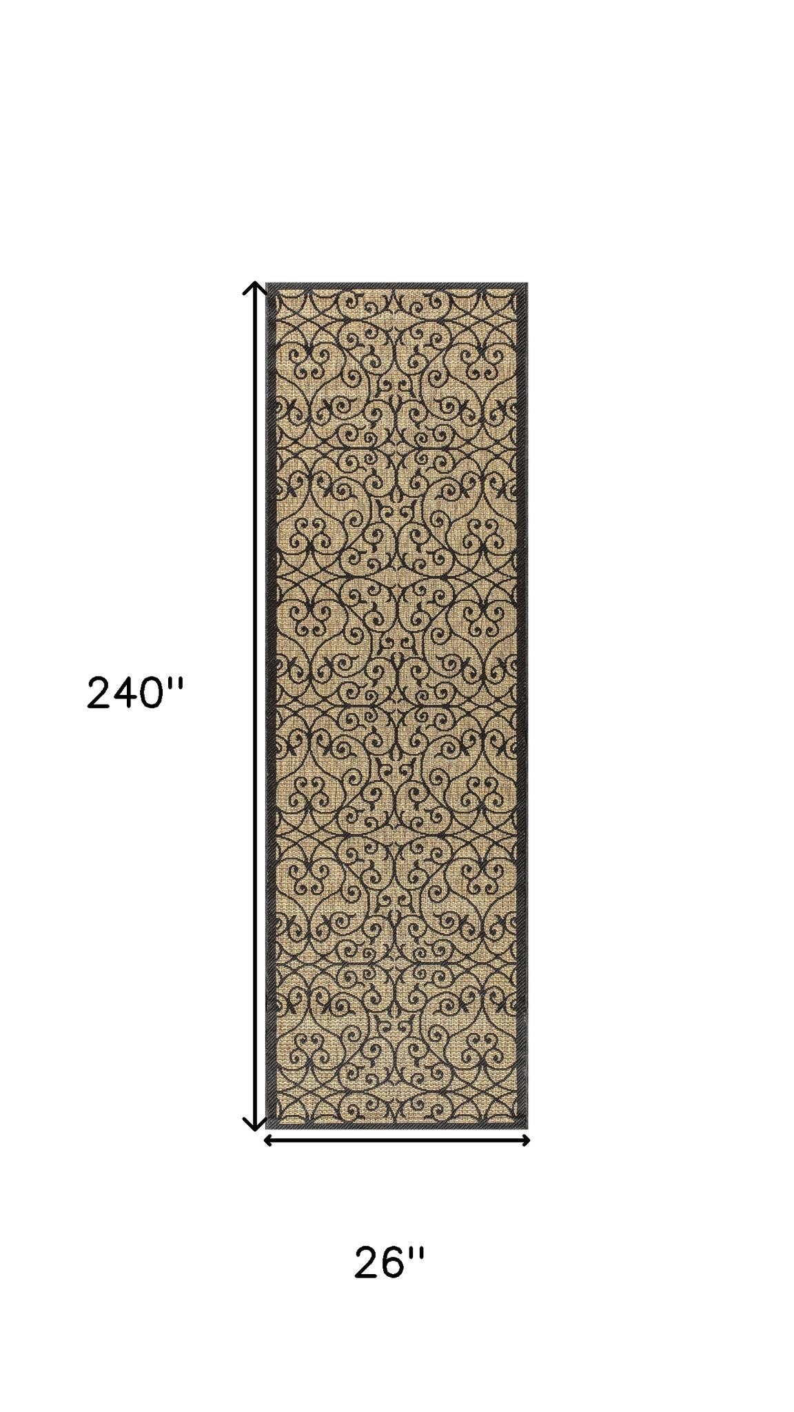 Runner rug size diagram: 240 in by 26 in, black scroll pattern on khaki