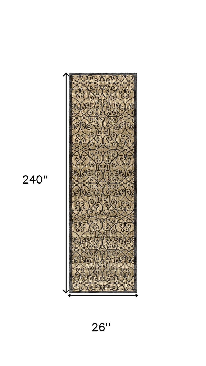 Runner rug size diagram: 240 in by 26 in, black scroll pattern on khaki