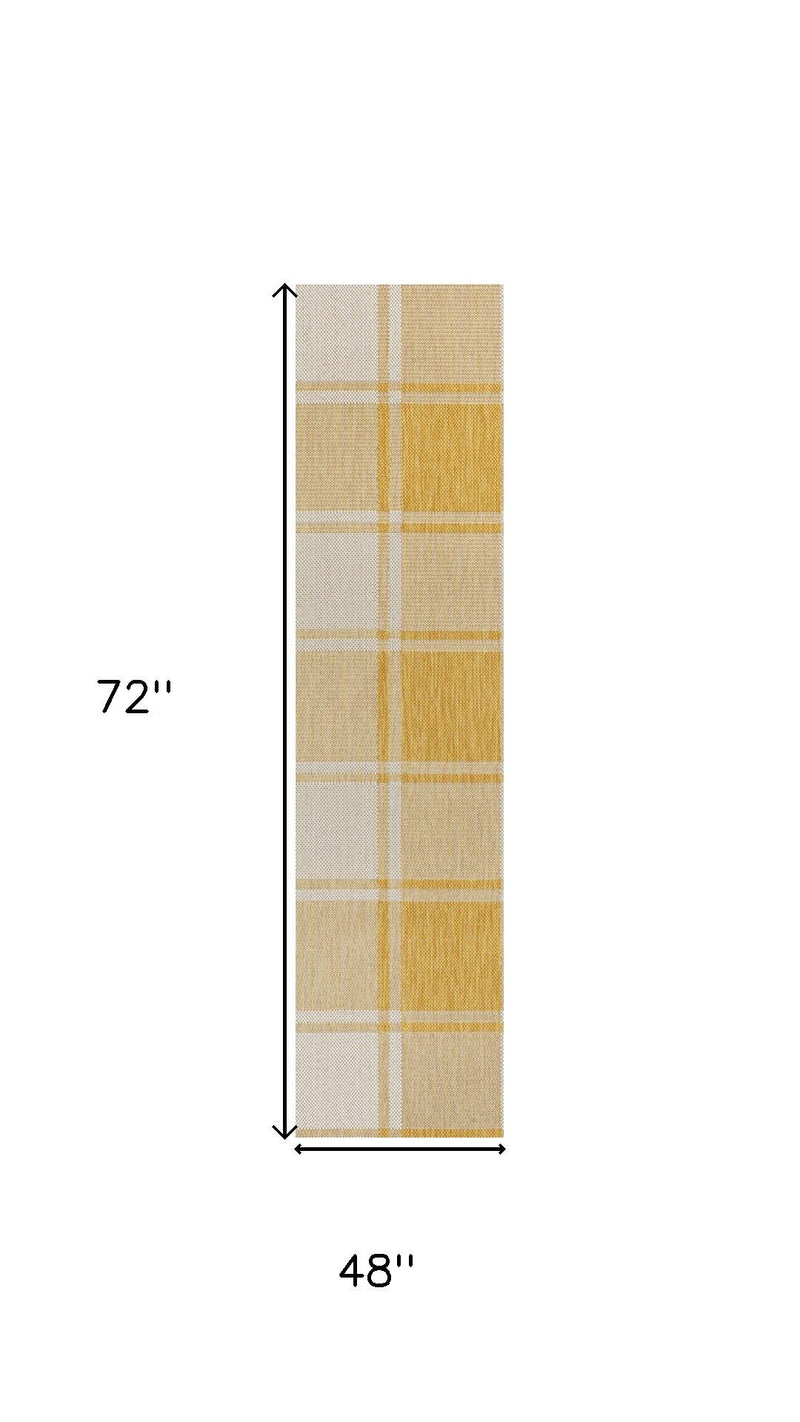 Yellow and cream gingham area rug size diagram, 72 in by 48 in.