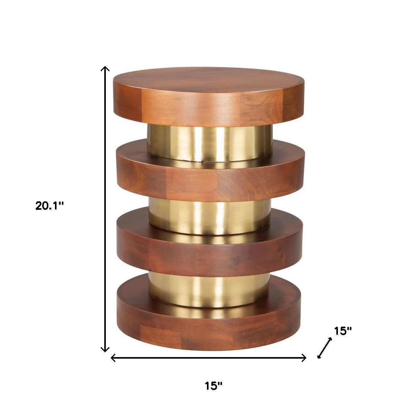 20" Brown and Gold Solid Wood and Iron Round Pedestal End Table - Living Room