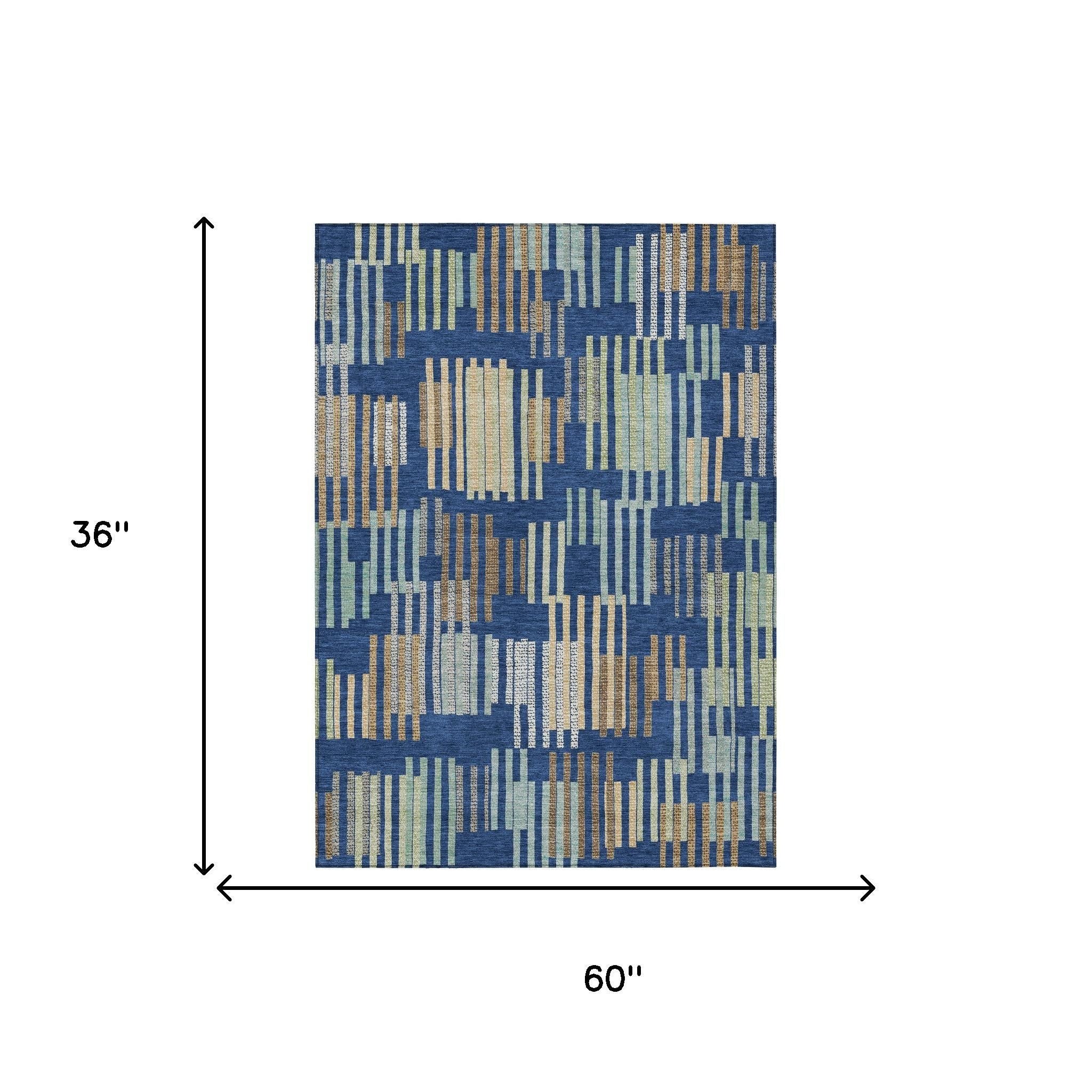 Multi-colored geometric area rug in blue, green, and gold, measuring 36"x60", perfect for modern decor.