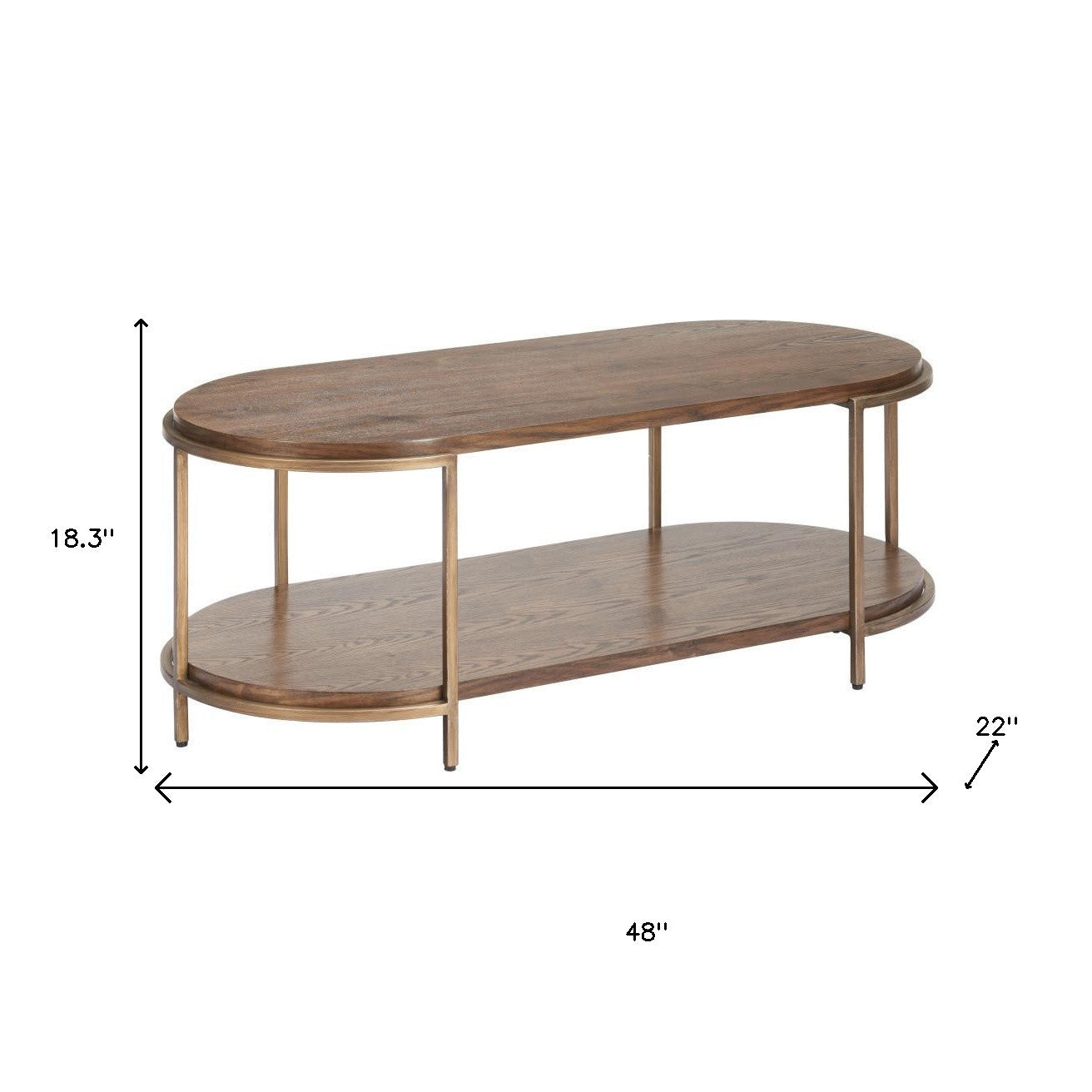 Measured diagram of oval brown wood coffee table: 48 in wide, 22 in deep, 18.3 in high.