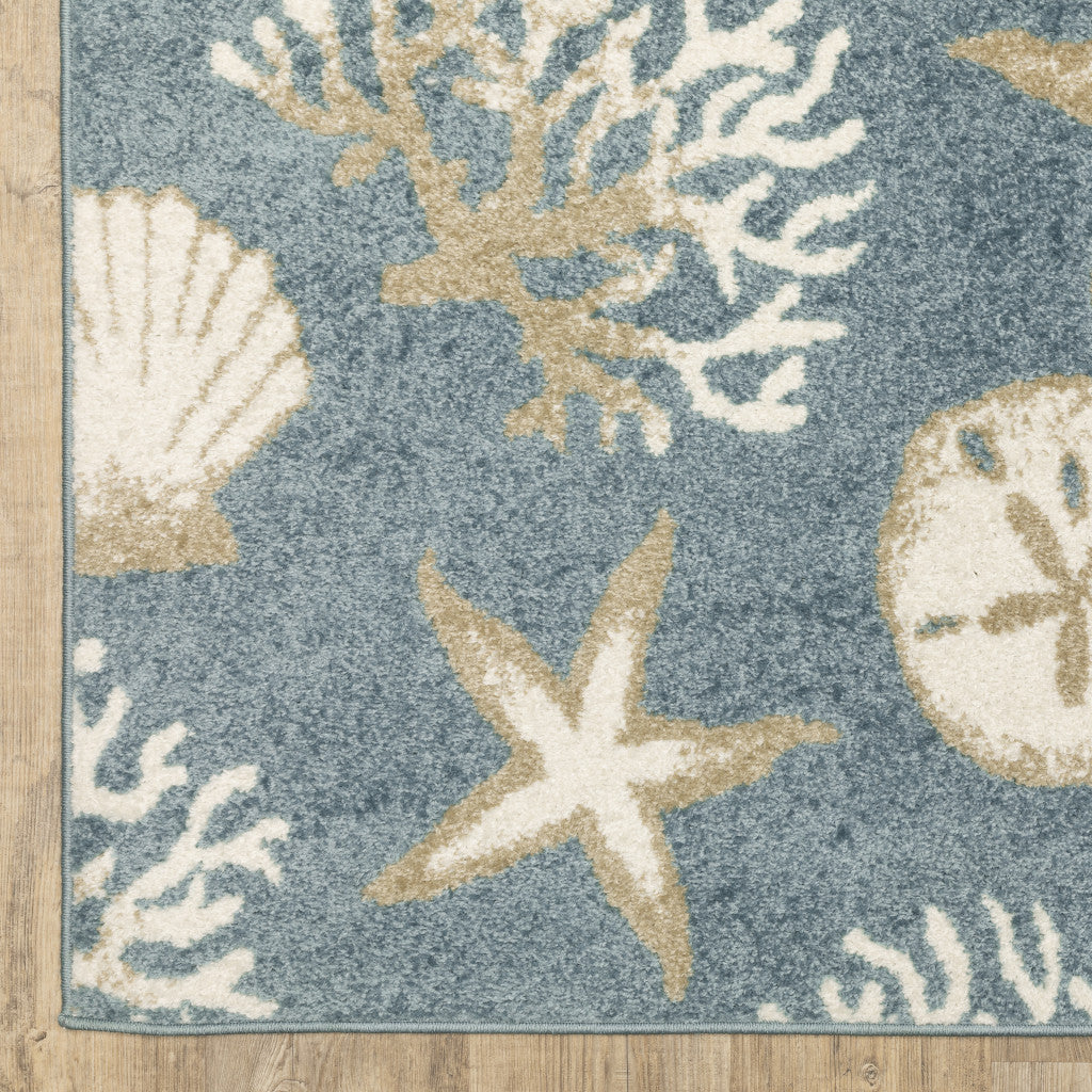 5' X 7' Blue And Beige Seashell and Coral Area Rug - Home & Garden