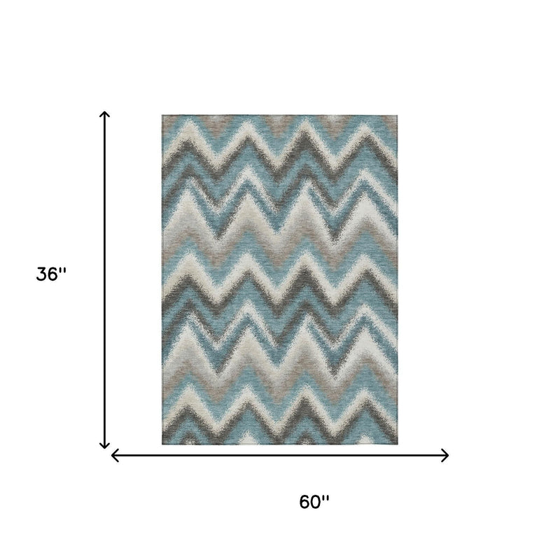 3x5 indoor outdoor area rug, teal blue zigzag geometric pattern, 60 x 36 in