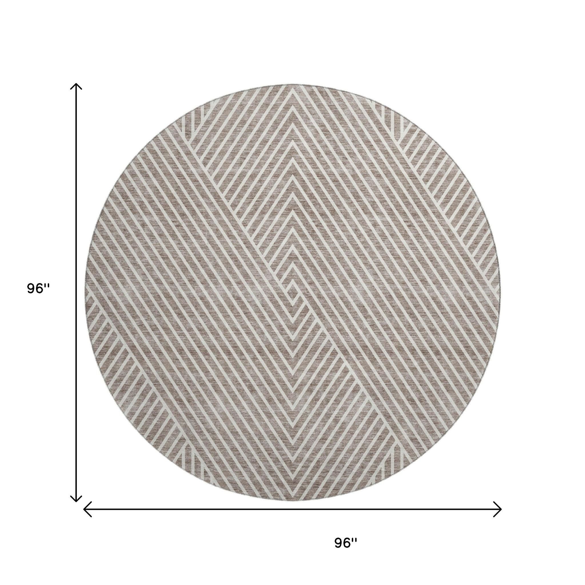 8' Taupe And Ivory Geometric Washable Round Rug With UV Protection - Home & Garden