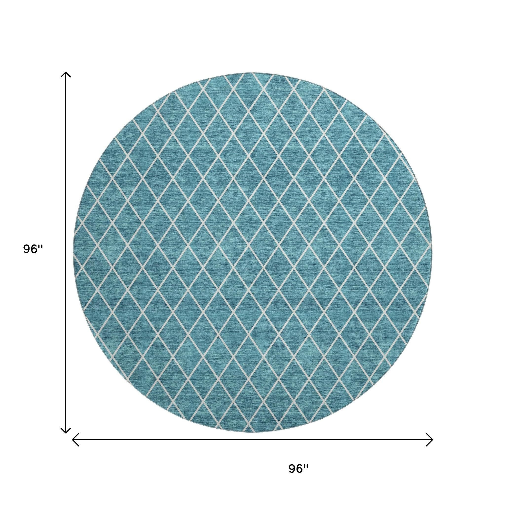 8' Teal And Ivory Geometric Washable Round Rug With UV Protection - Home & Garden