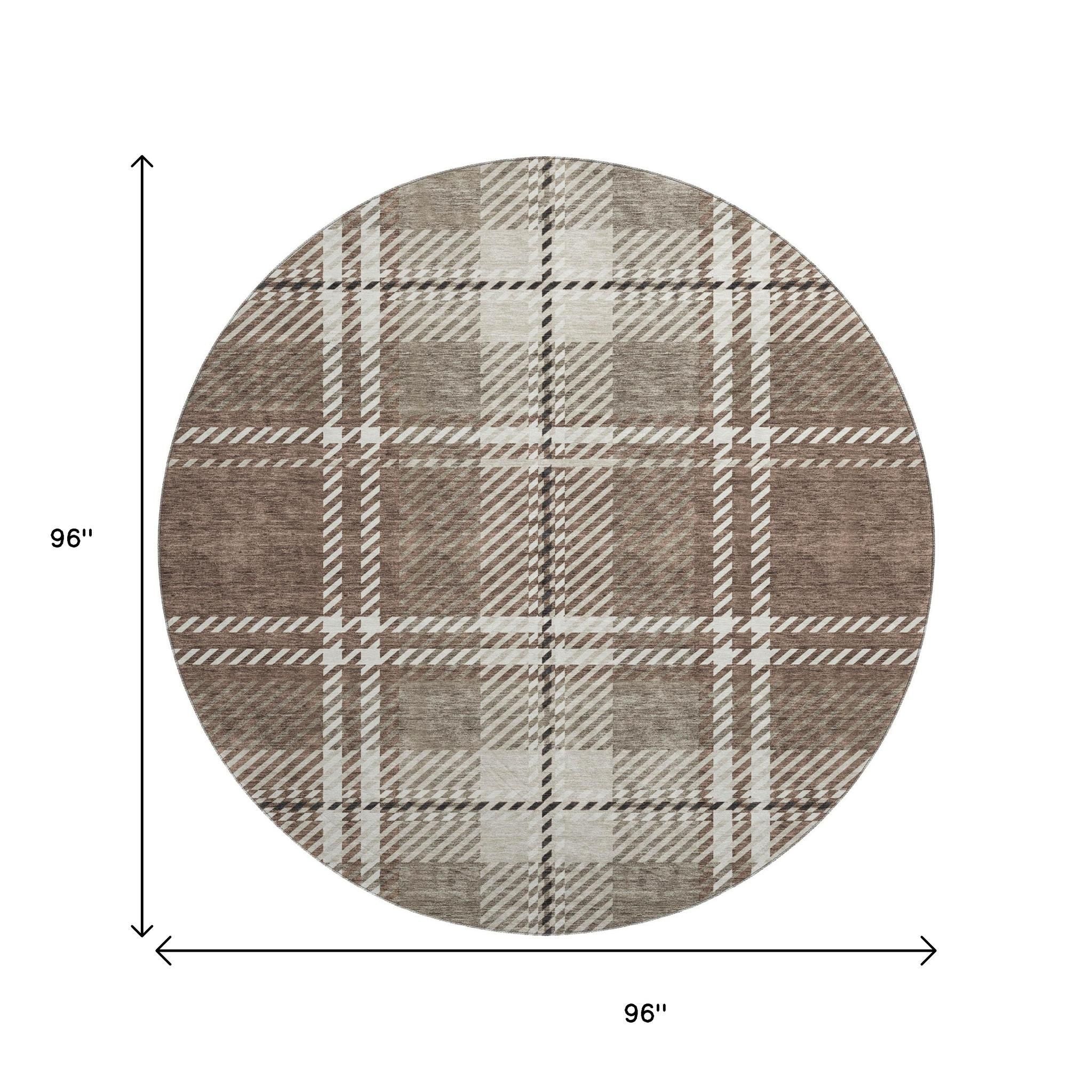 8' Brown Ivory And Taupe Plaid Washable Round Rug With UV Protection - Home & Garden