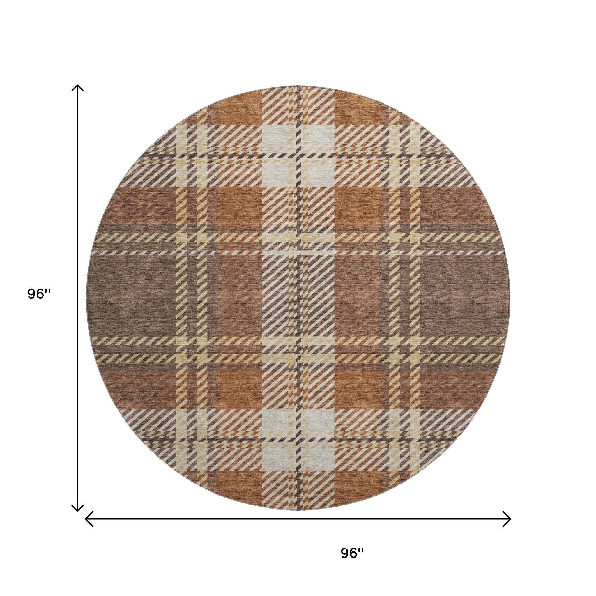 8' Chocolate Beige And Gold Plaid Washable Round Rug With UV Protection - Home & Garden