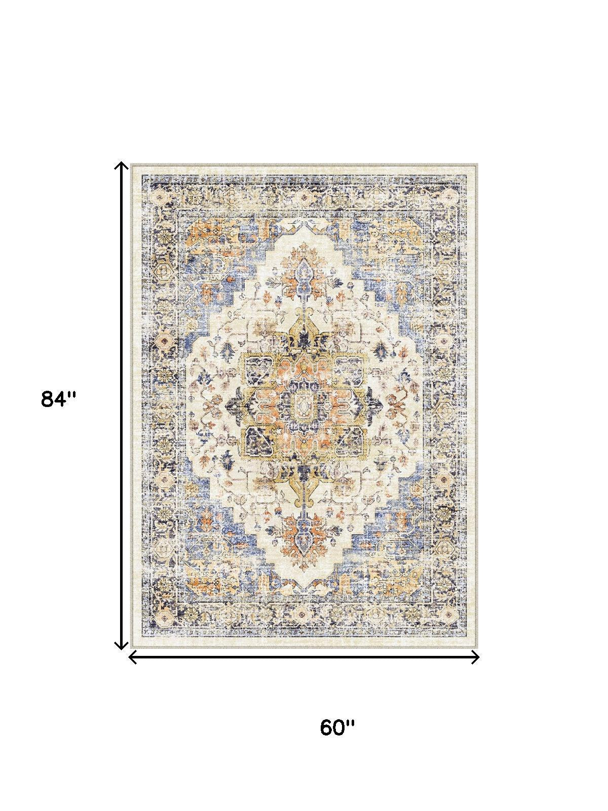 5' X 7' Ivory Blue And Orange Medallion Washable Area Rug - Home & Garden