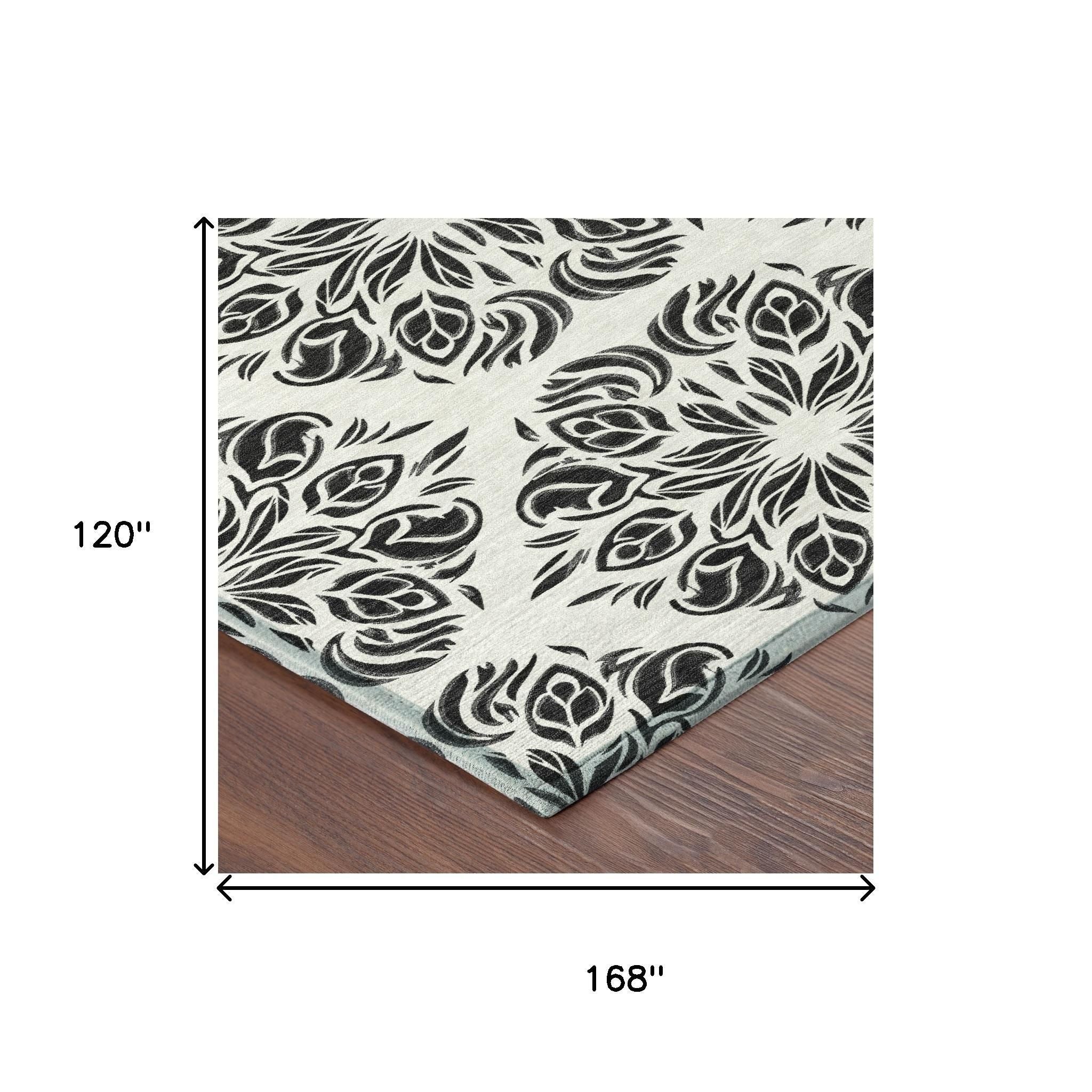 10' X 14' Ivory And Black Damask Washable Indoor Outdoor Area Rug - Sports & Outdoor