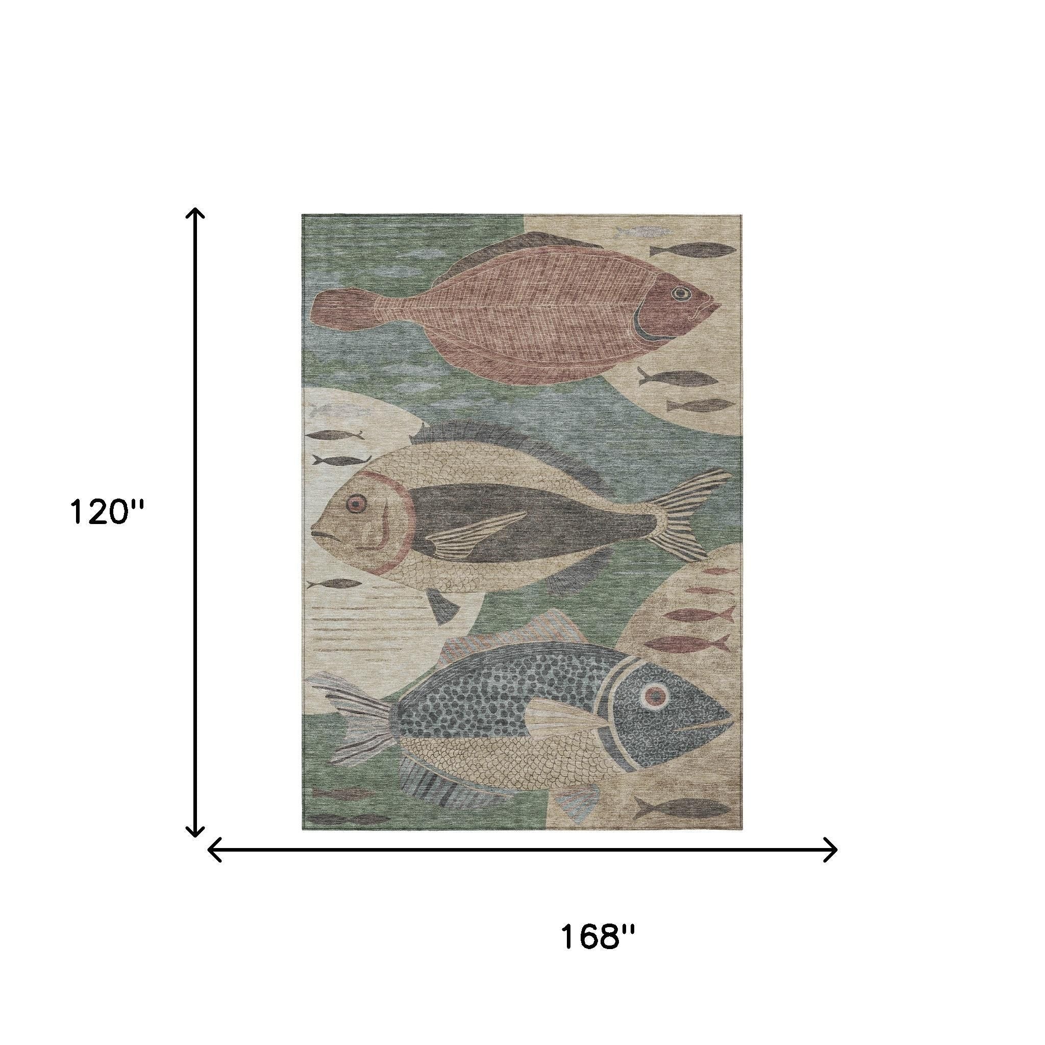 10' X 14' Green And Beige Tropical Fish Washable Indoor Outdoor Area Rug - Sports & Outdoor