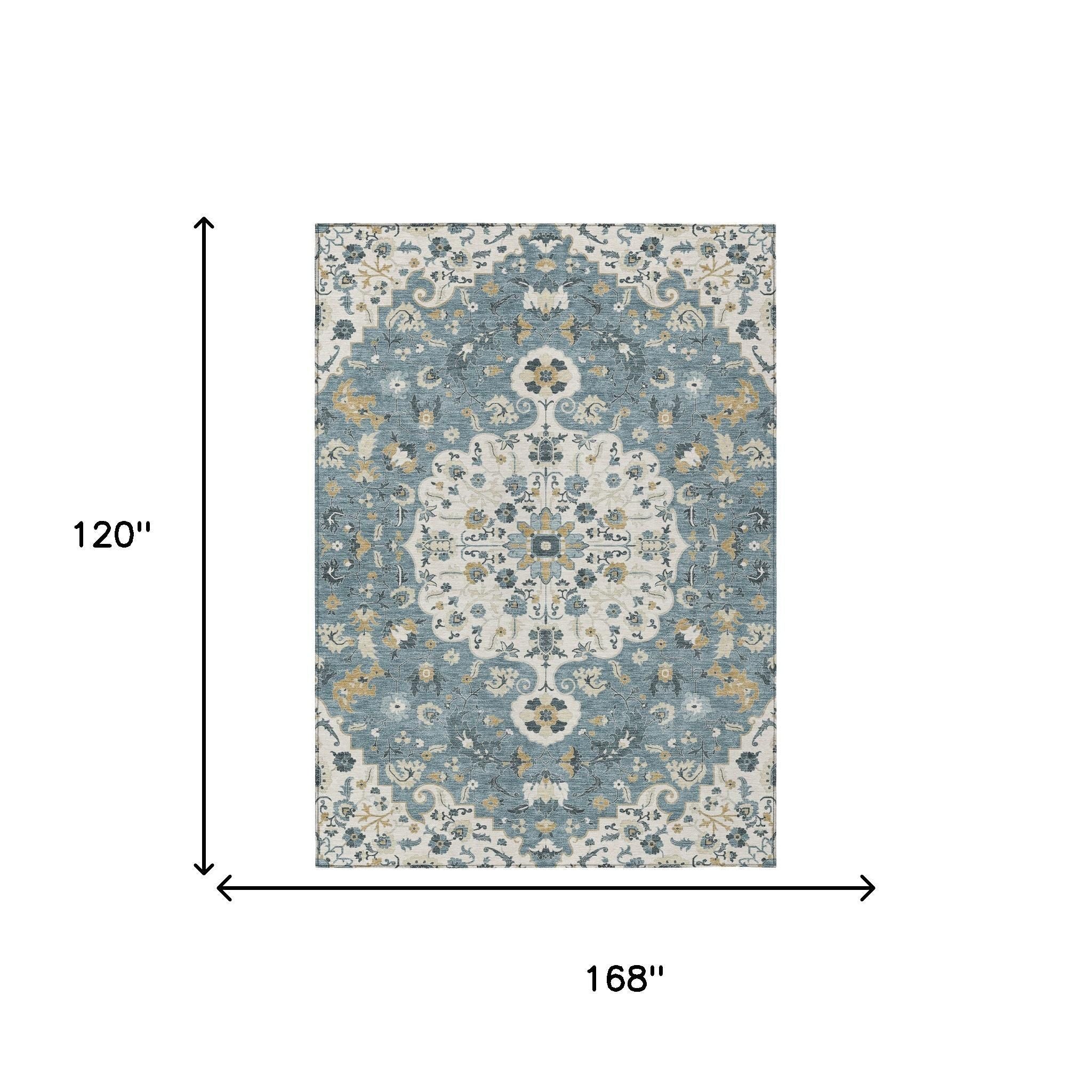 10' X 14' Ivory And Denim Blue Floral Medallion Washable Indoor Outdoor Area Rug - Sports & Outdoor