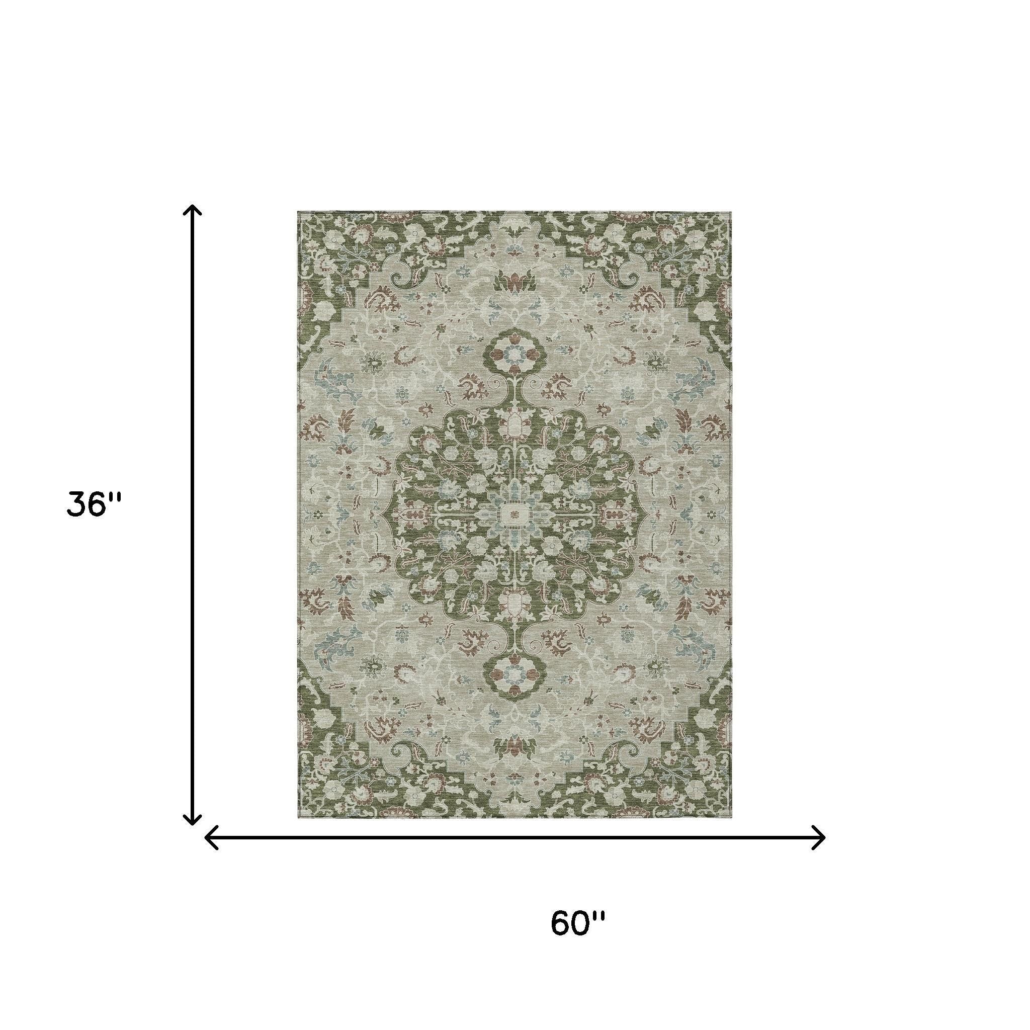 3' X 5' Olive Green And Sage Floral Medallion Washable Indoor Outdoor Area Rug - Sports & Outdoor