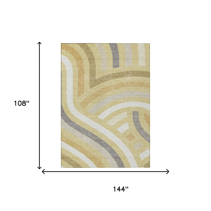 Abstract rectangular area rug design in wheat, gold, gray, and white with border.