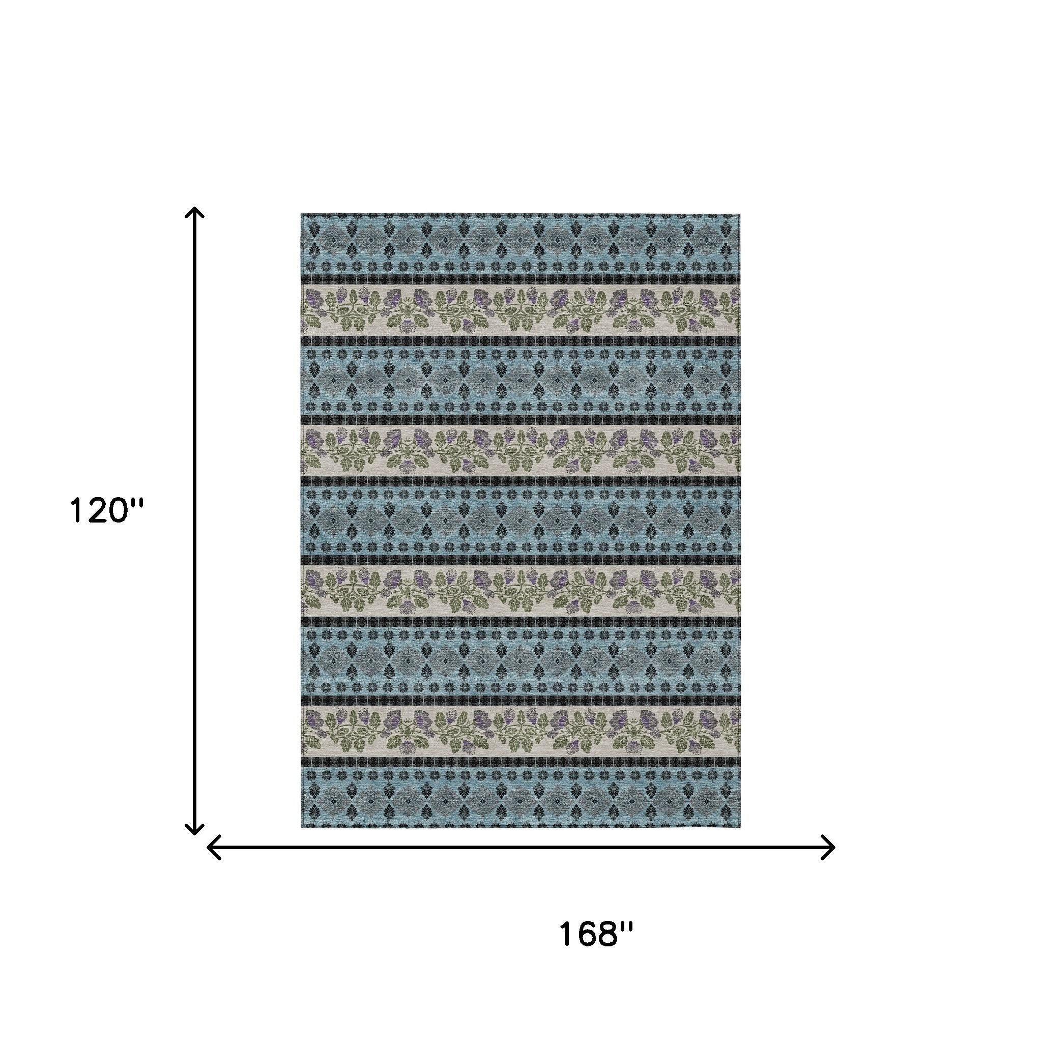 10' X 14' Aqua And Charcoal Striped Washable Indoor Outdoor Area Rug - Sports & Outdoor