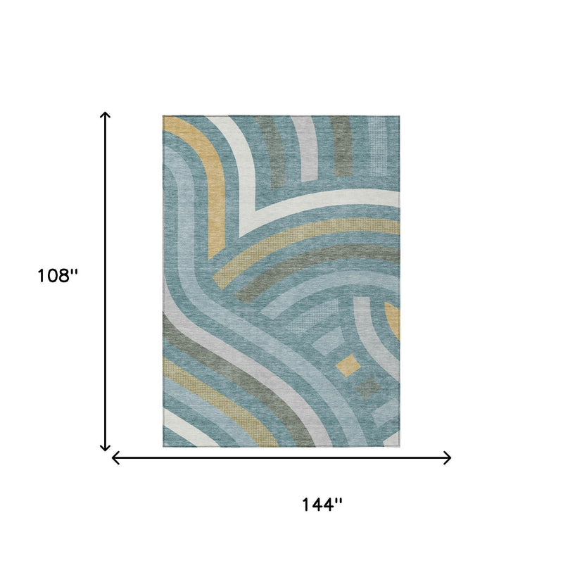 Abstract rectangular area rug, teal blue with white and gold geometric arcs