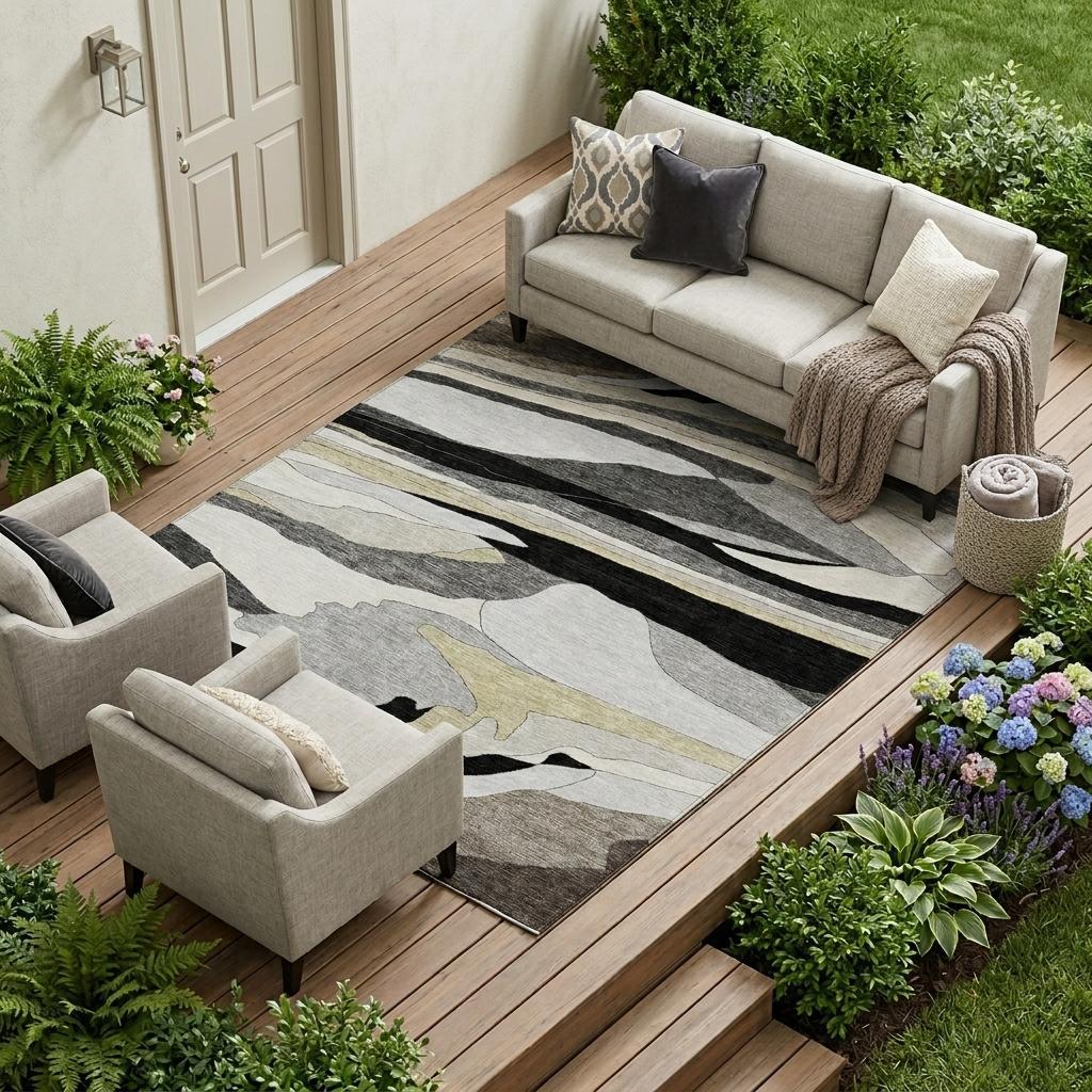 Abstract area rug, black and gray with light beige wave pattern