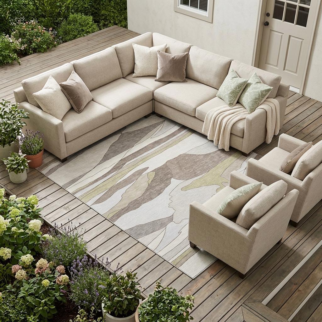 Abstract area rug with ivory base and gray, beige, and olive camouflage-style design