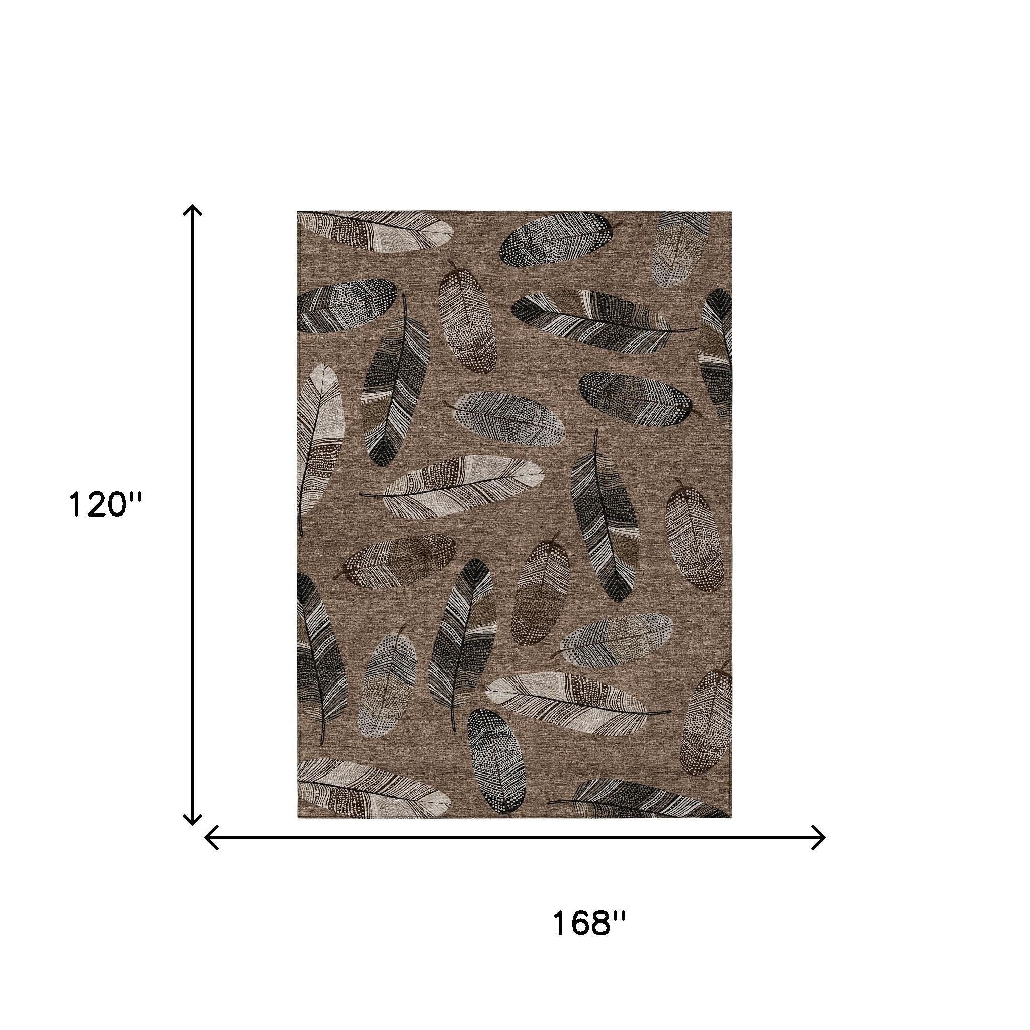 10' X 14' Brown And Ivory Botanical Leaves Washable Indoor Outdoor Area Rug - Sports & Outdoor