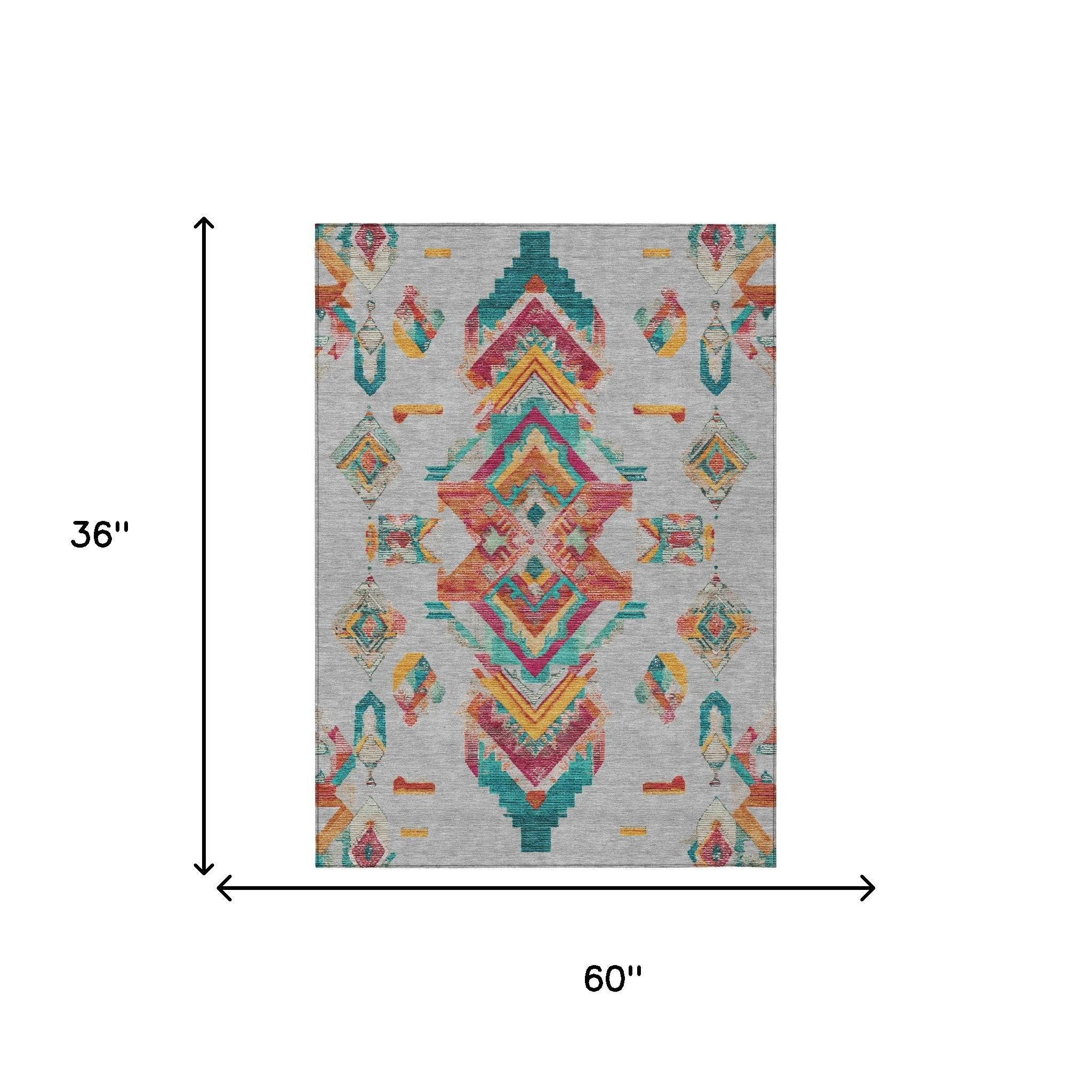 3' X 5' Silver And Ivory Tribal Washable Indoor Outdoor Area Rug - Sports & Outdoor