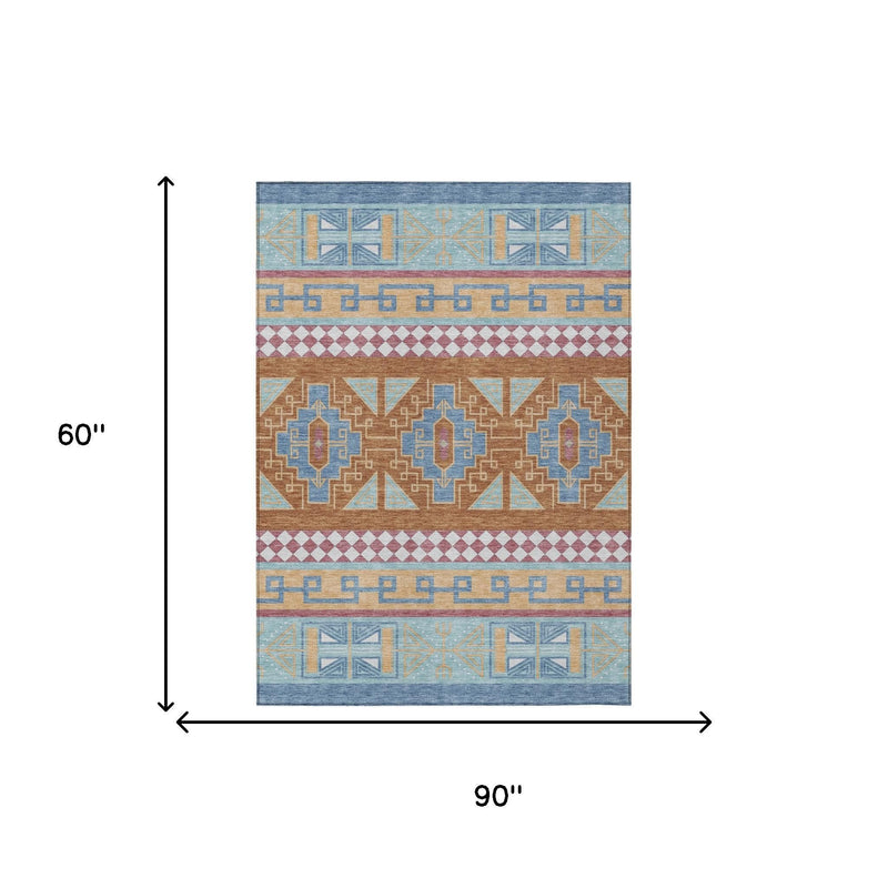 Rectangular tribal area rug with blue and aqua geometric borders over tan and maroon
