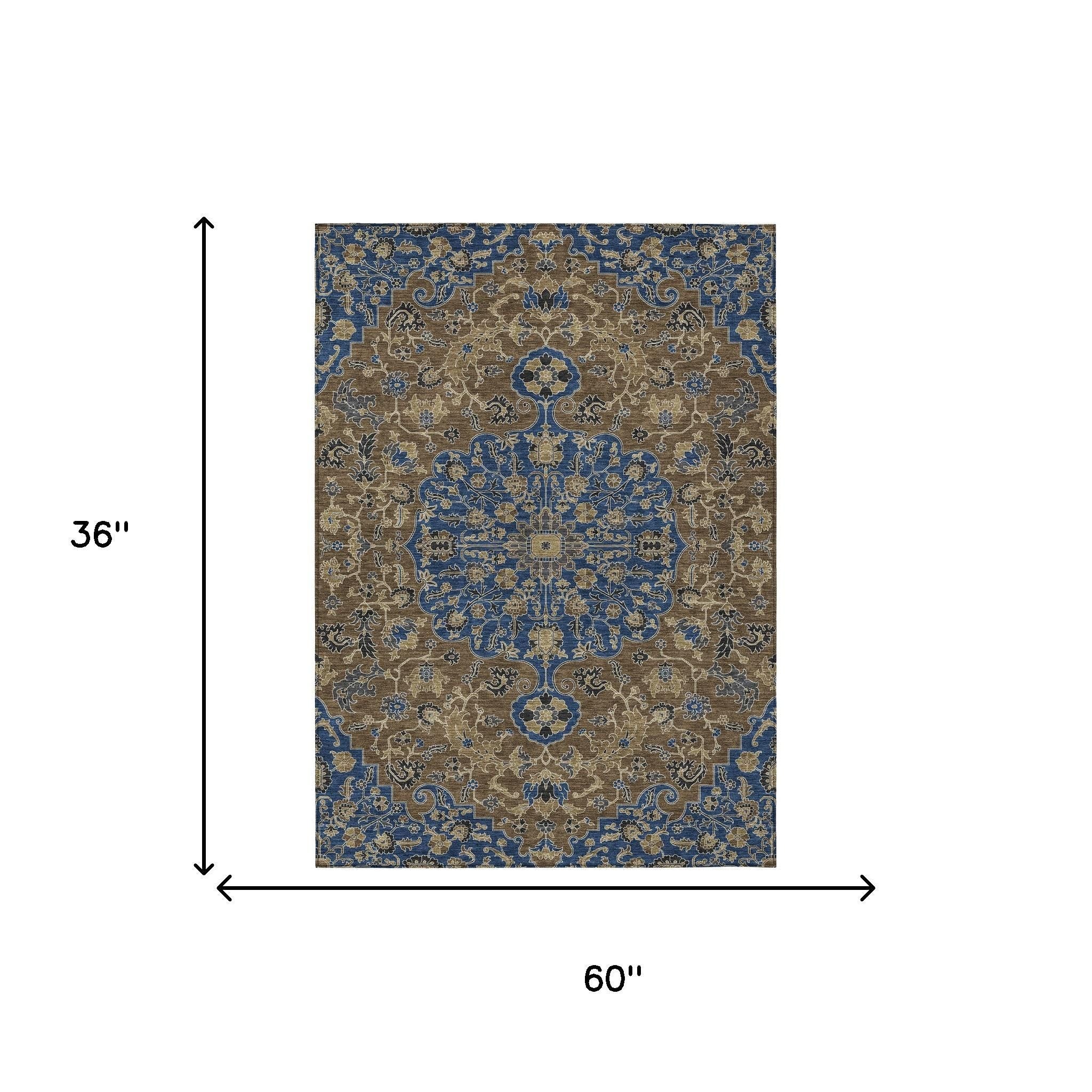 3' X 5' Navy Blue And Brown Floral Medallion Washable Indoor Outdoor Area Rug - Sports & Outdoor